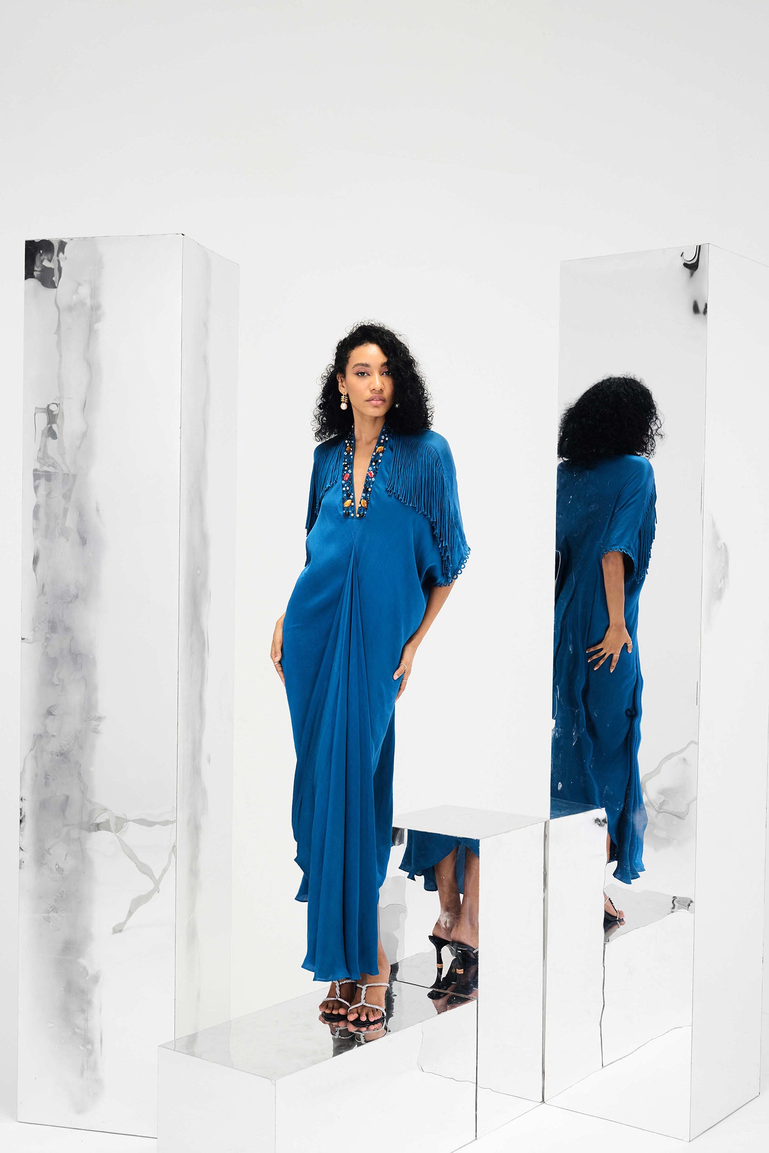 Indy Handcrafted Fringed & Embroidered Neck Draped Kaftan