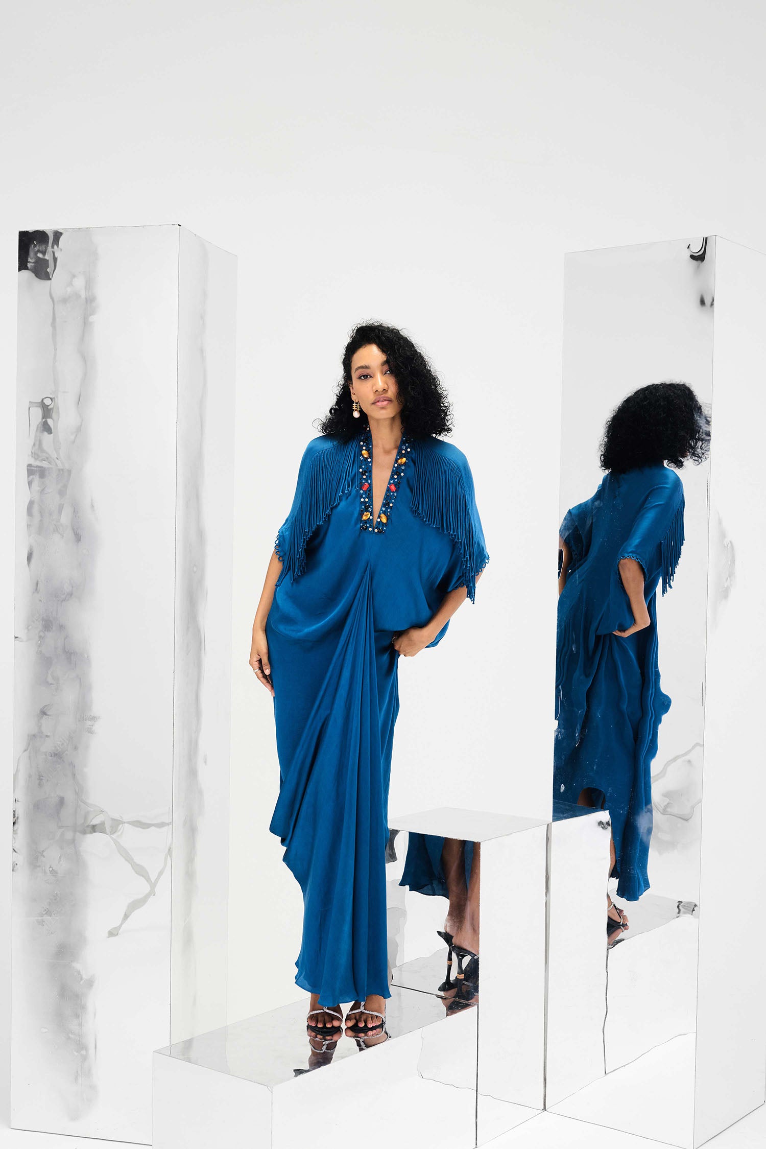 Indy Handcrafted Fringed & Embroidered Neck Draped Kaftan