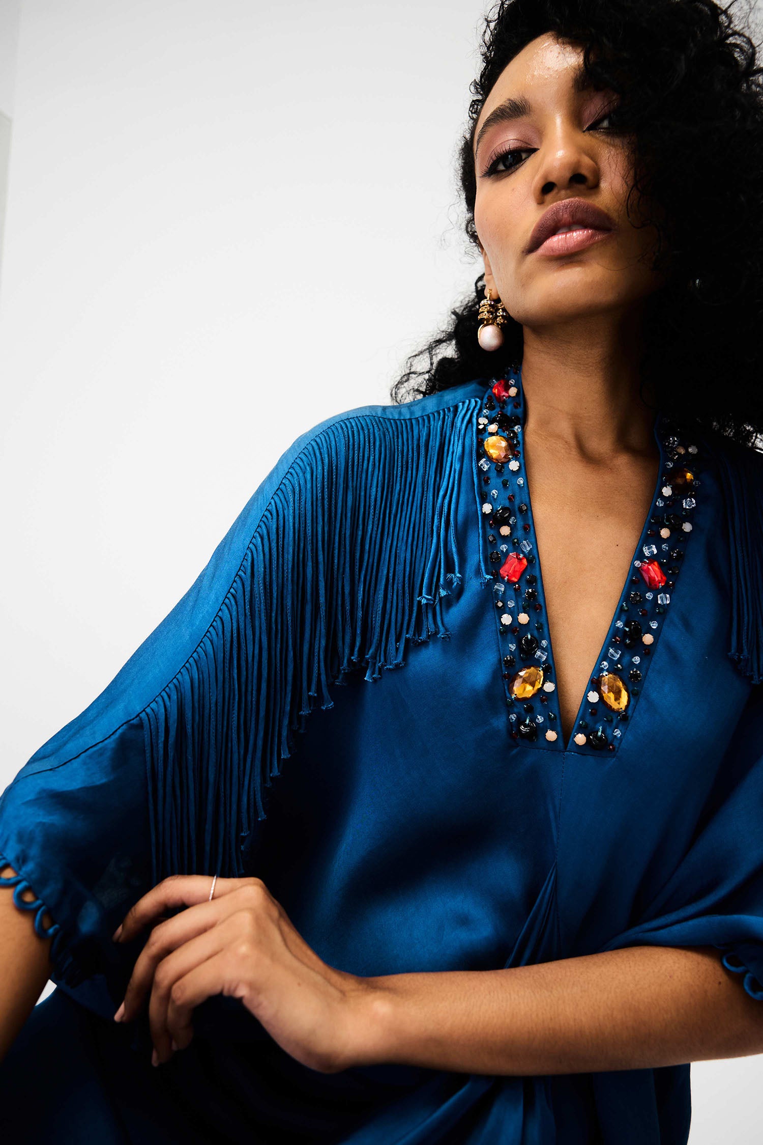 Indy Handcrafted Fringed & Embroidered Neck Draped Kaftan