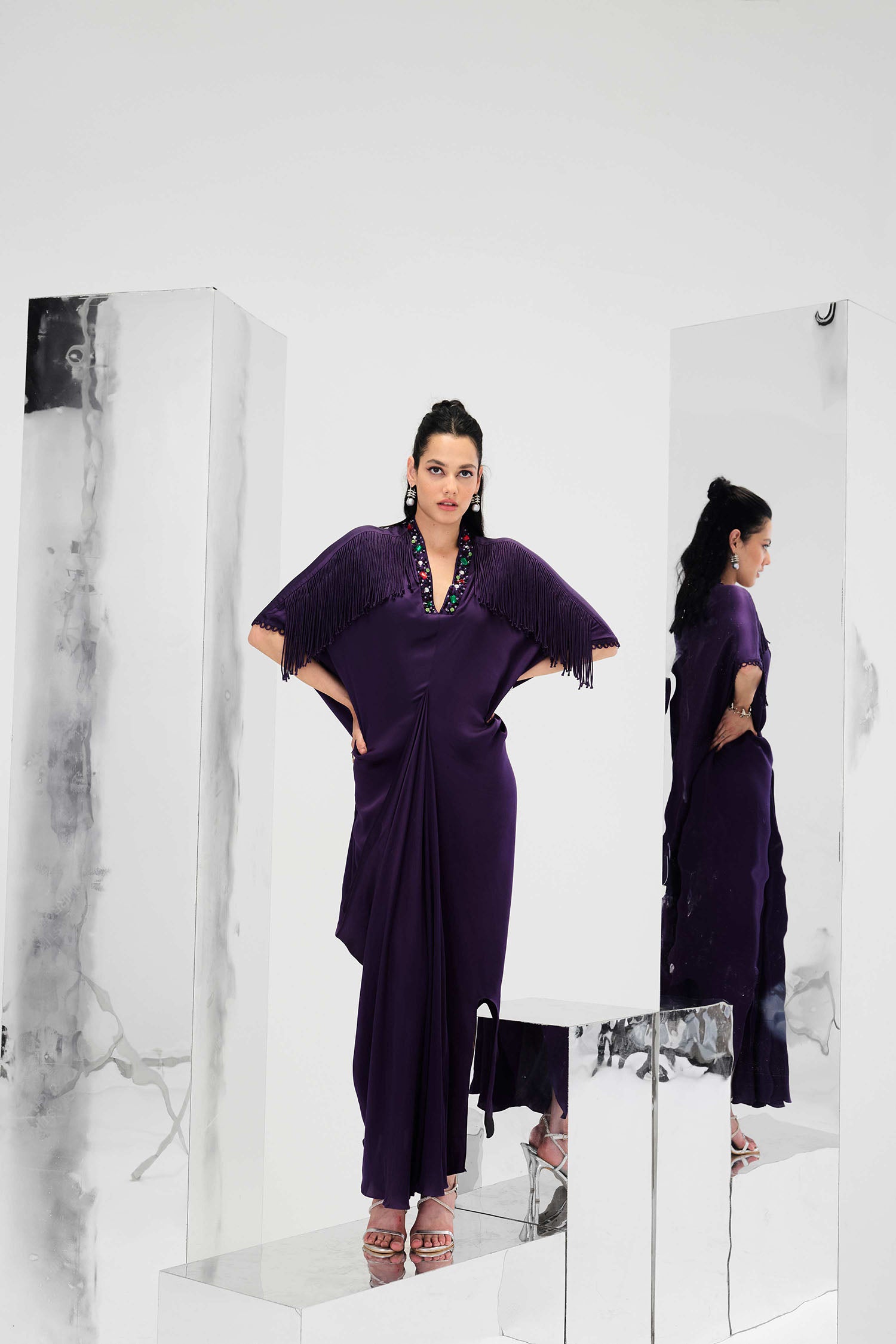 Indy Handcrafted Fringed & Embroidered Neck Draped Kaftan