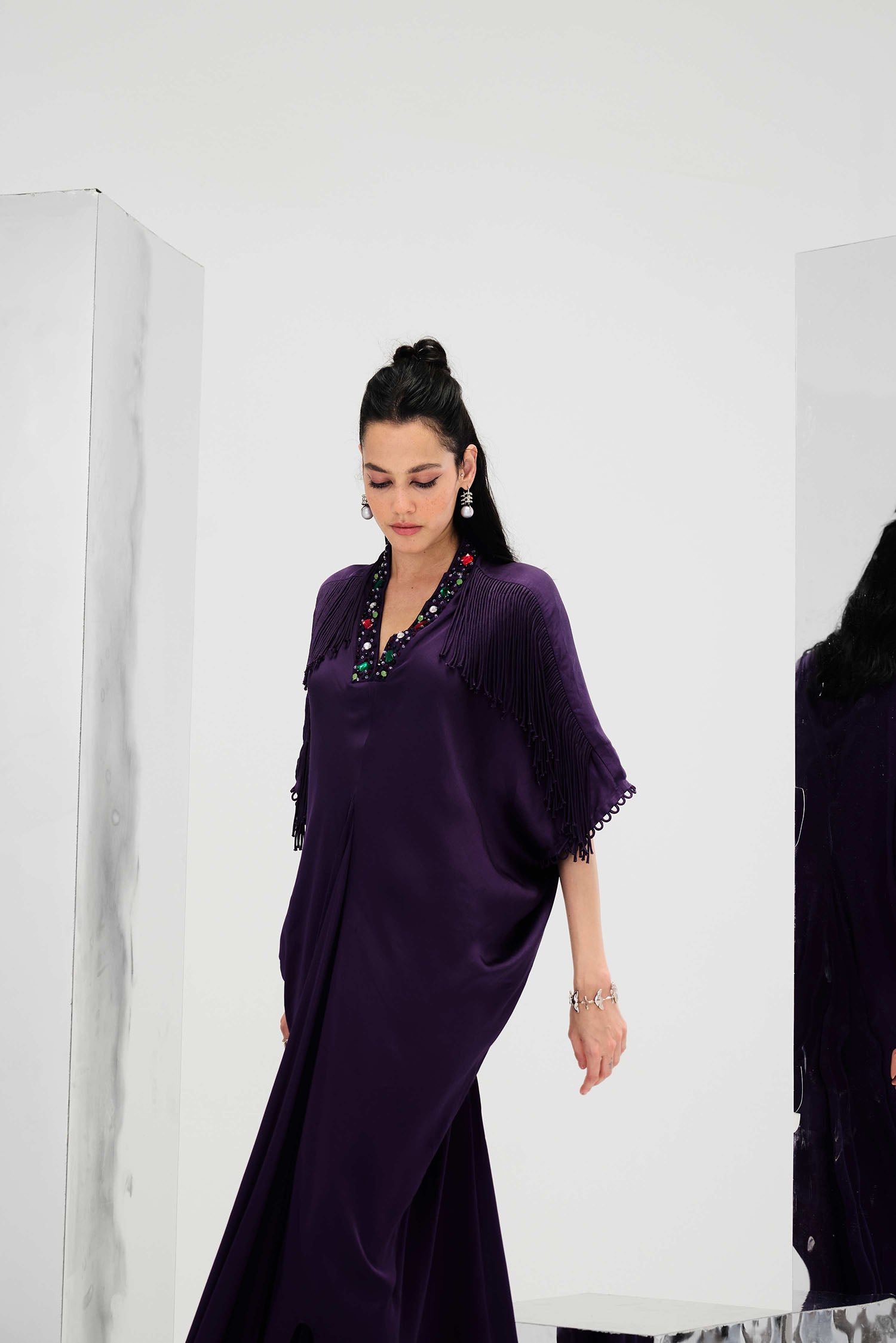 Indy Handcrafted Fringed & Embroidered Neck Draped Kaftan