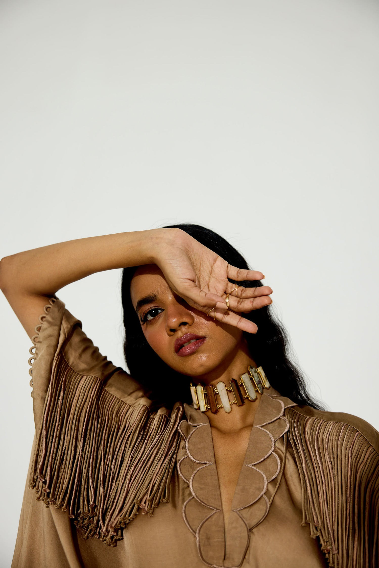 Indy Handcrfated Fringed & Scalloped Neck Draped Kaftan