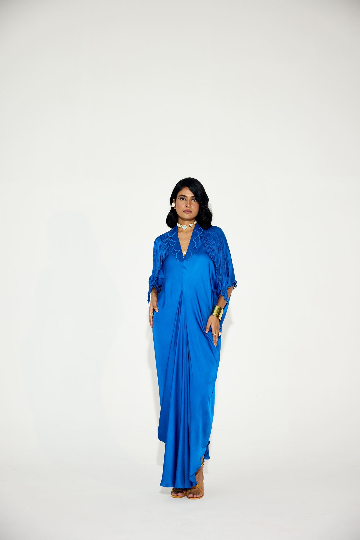 Indy Handcrfated Fringed & Scalloped Neck Draped Kaftan