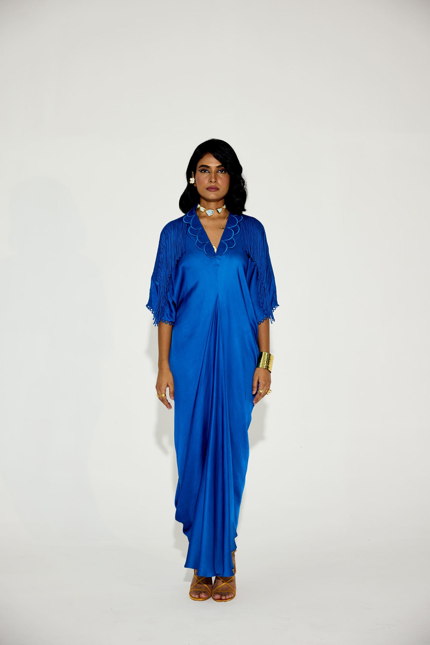 Indy Handcrfated Fringed & Scalloped Neck Draped Kaftan