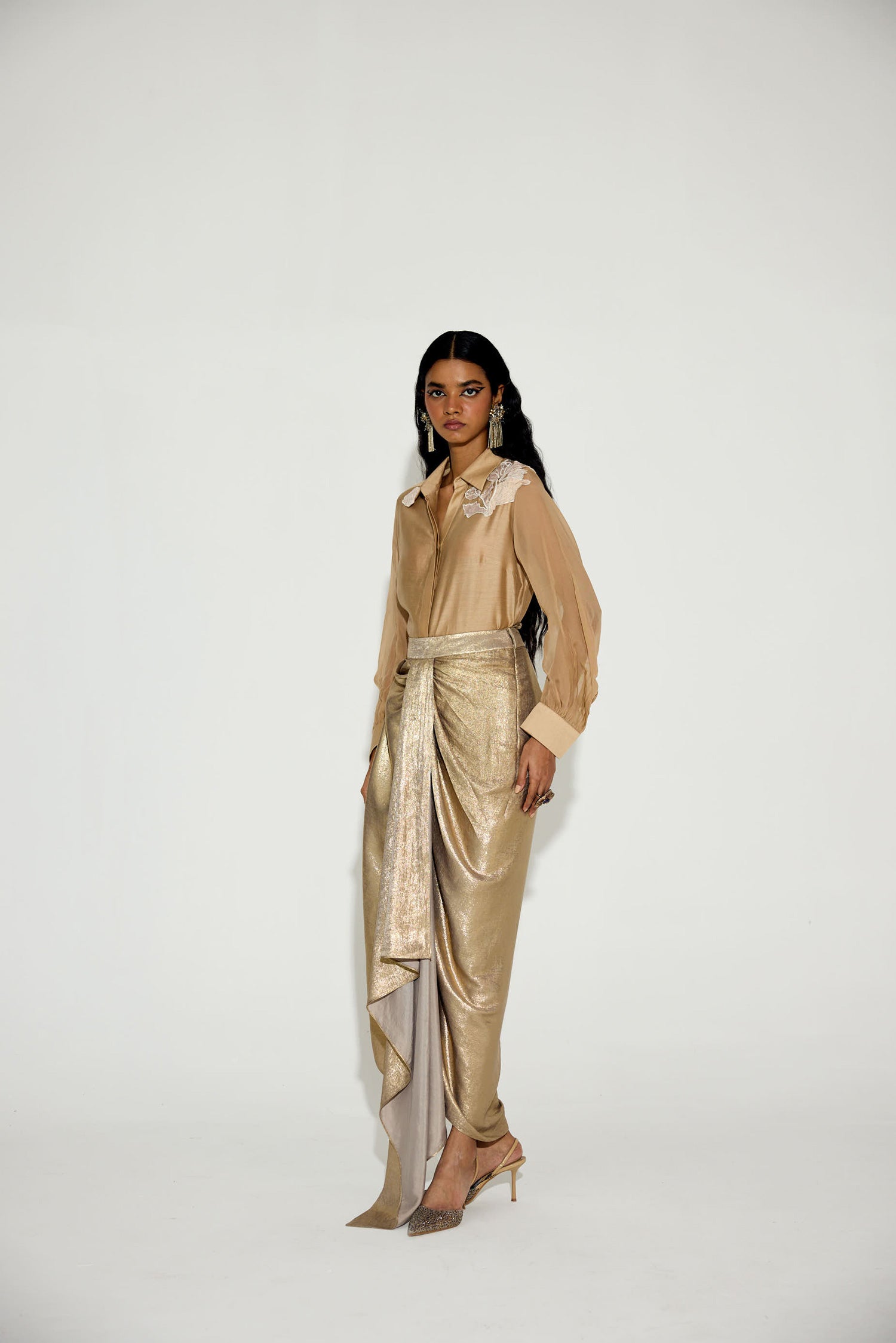 Kokum Cola Draped Skirt Set (Light Gold)