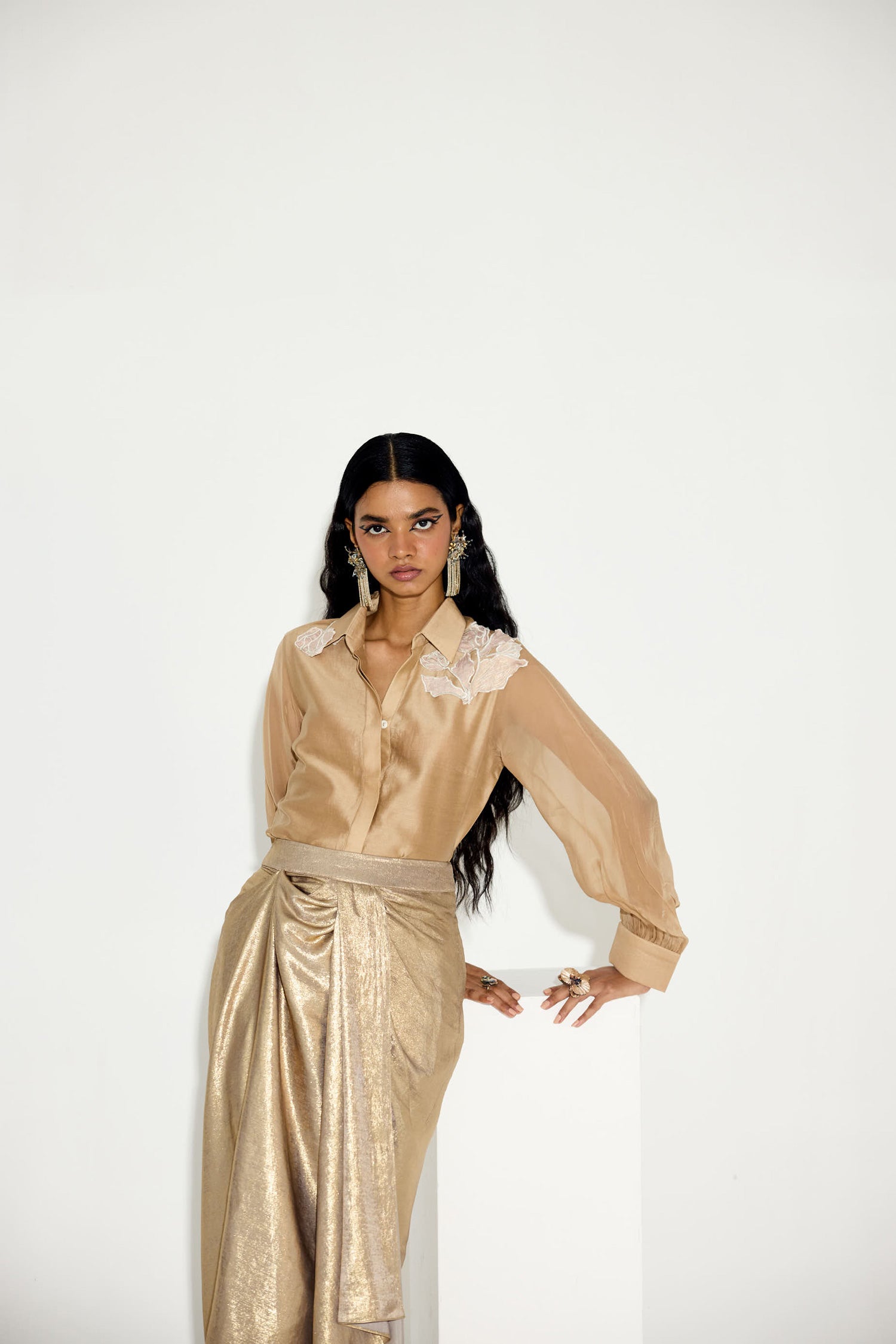 Kokum Cola Draped Skirt Set (Light Gold)