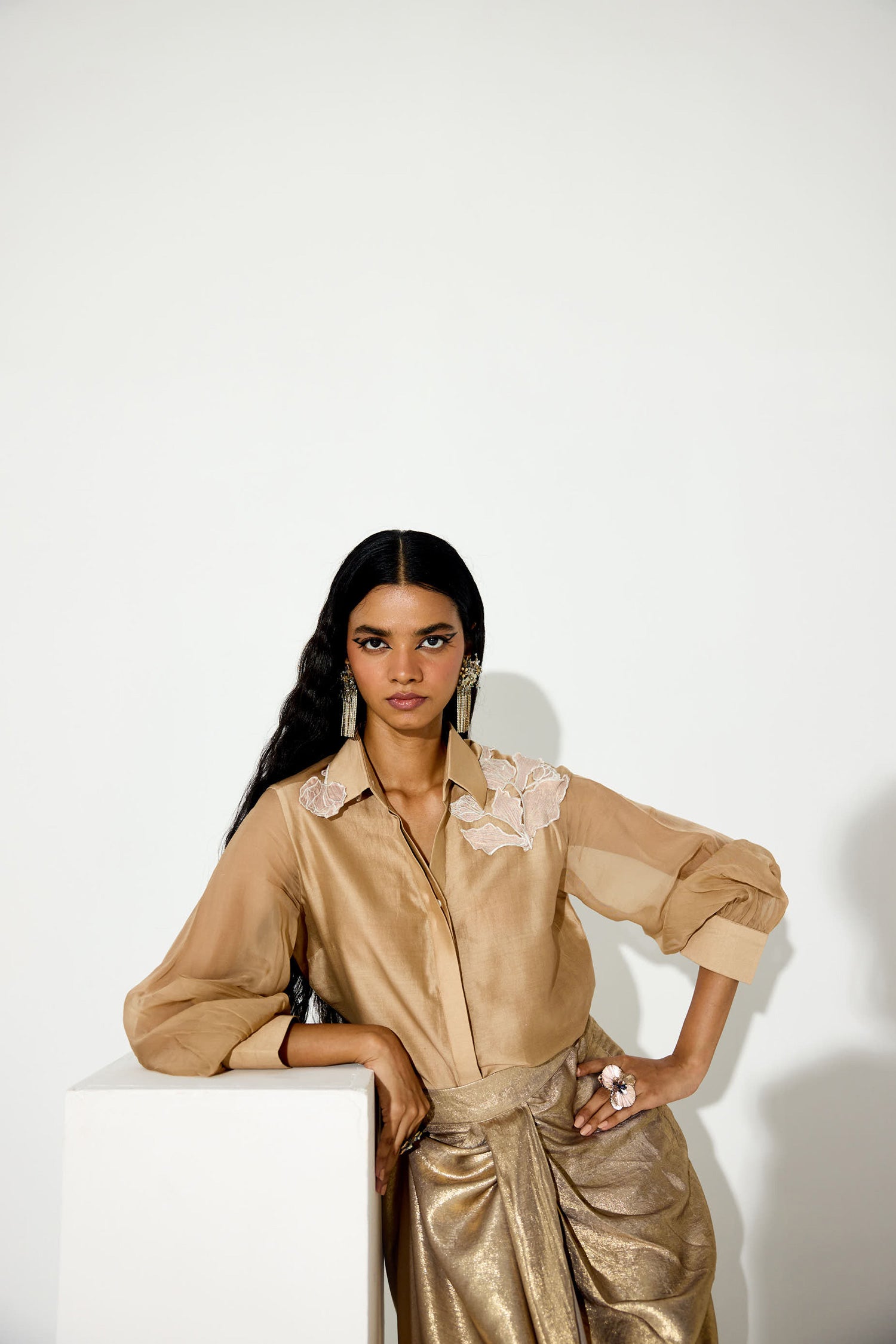 Kokum Cola Draped Skirt Set (Light Gold)