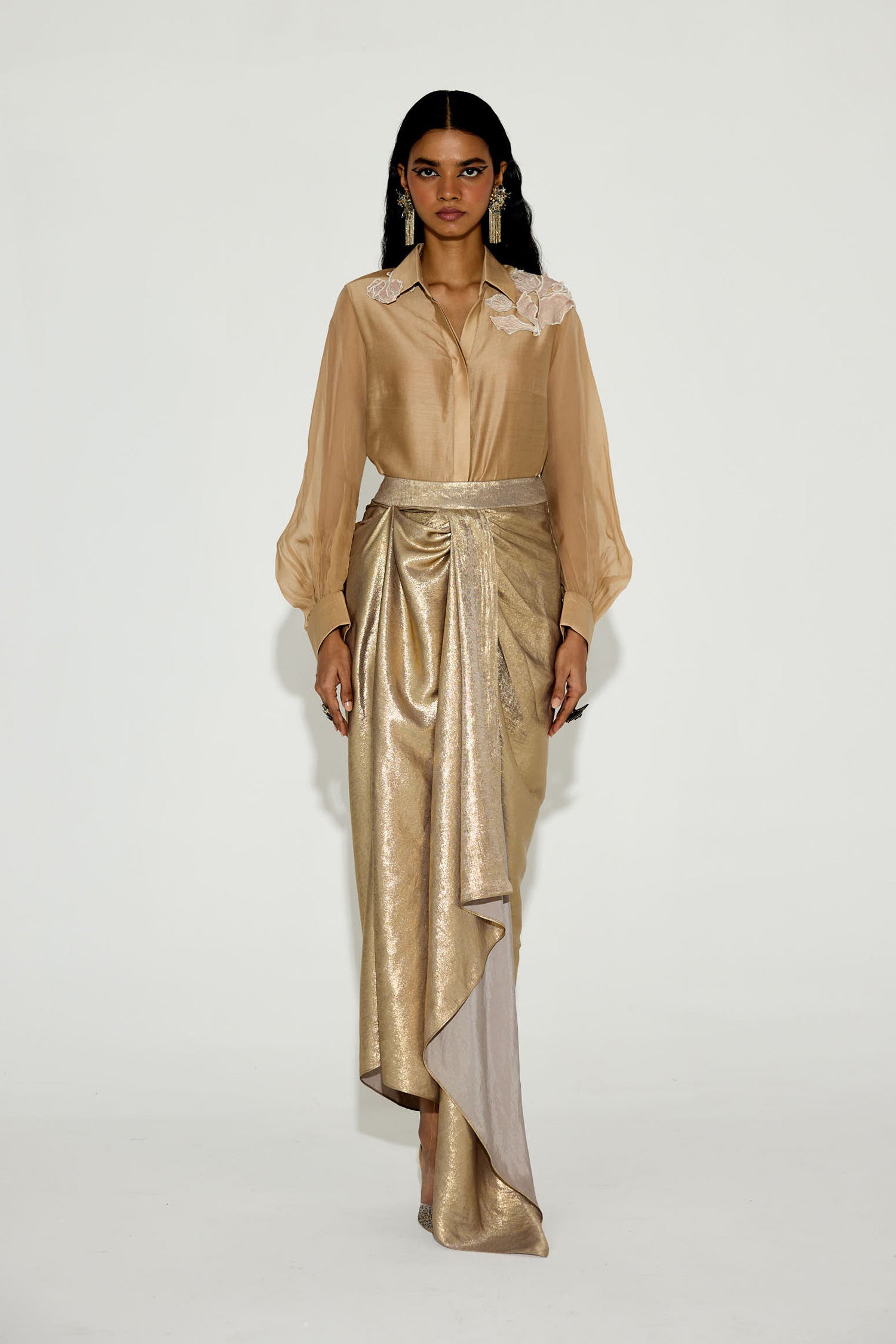 Kokum Cola Draped Skirt Set (Light Gold)