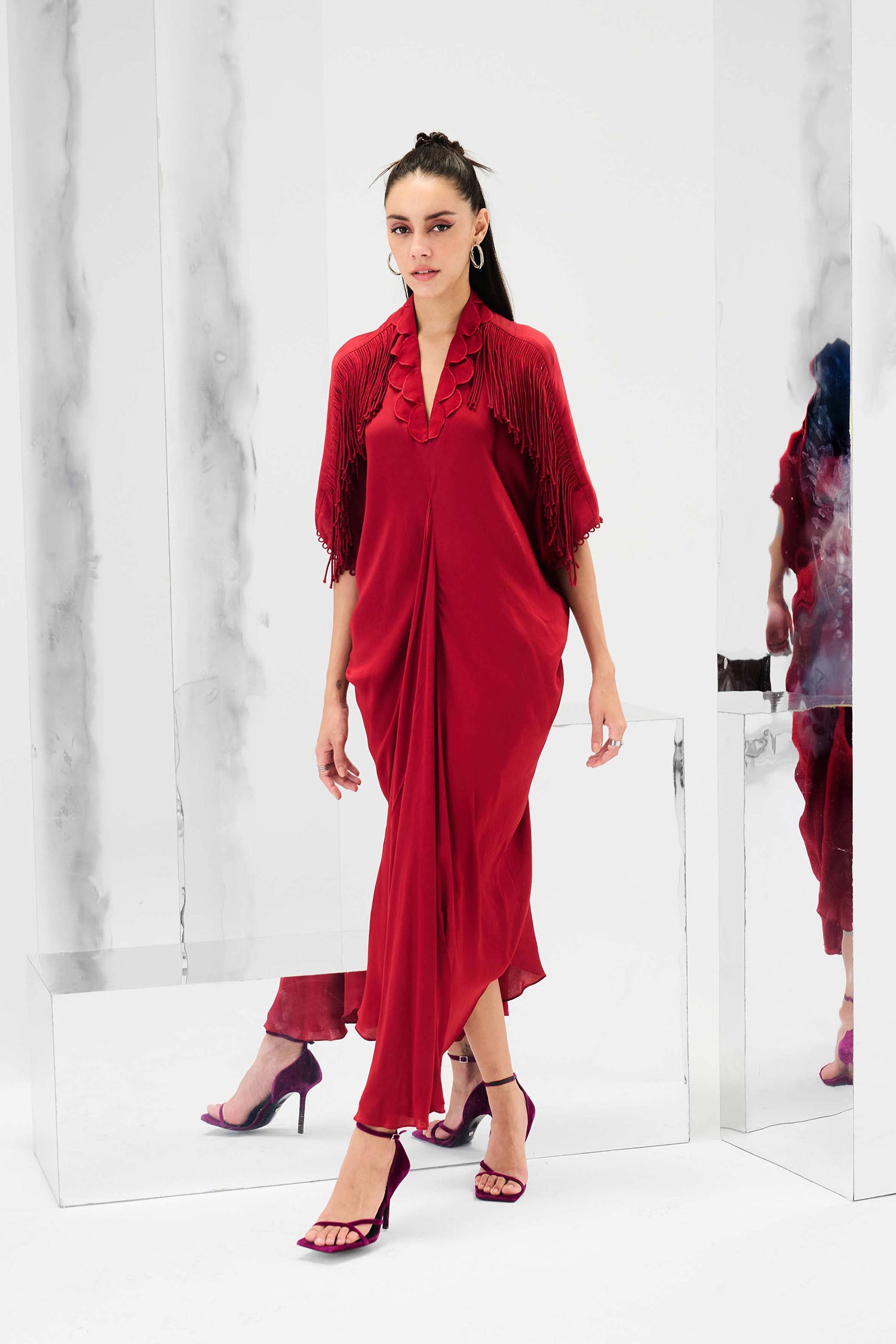 Indy Handcrafted Fringed & Scalloped Neck Draped Kaftan