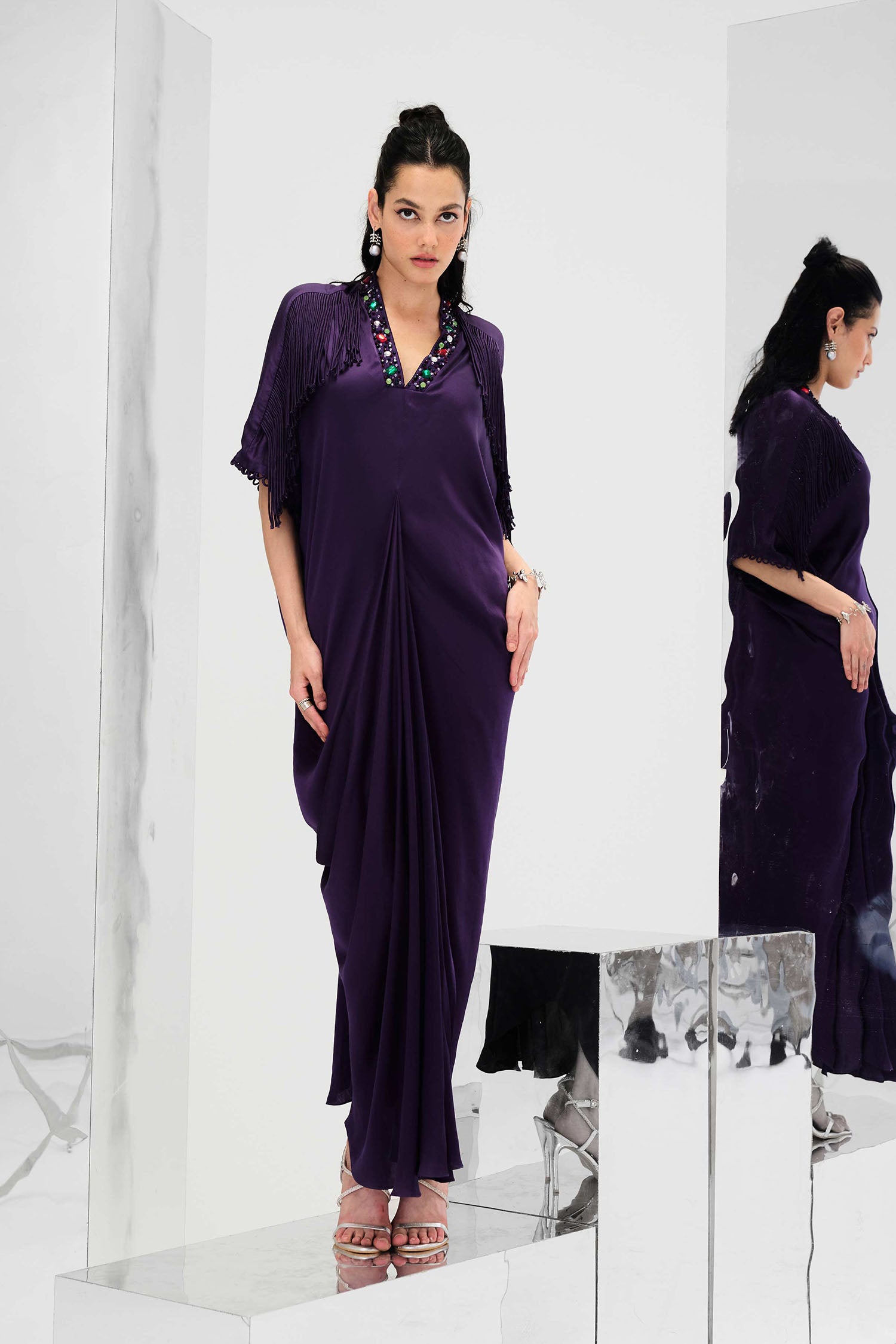 Indy Handcrafted Fringed & Embroidered Neck Draped Kaftan