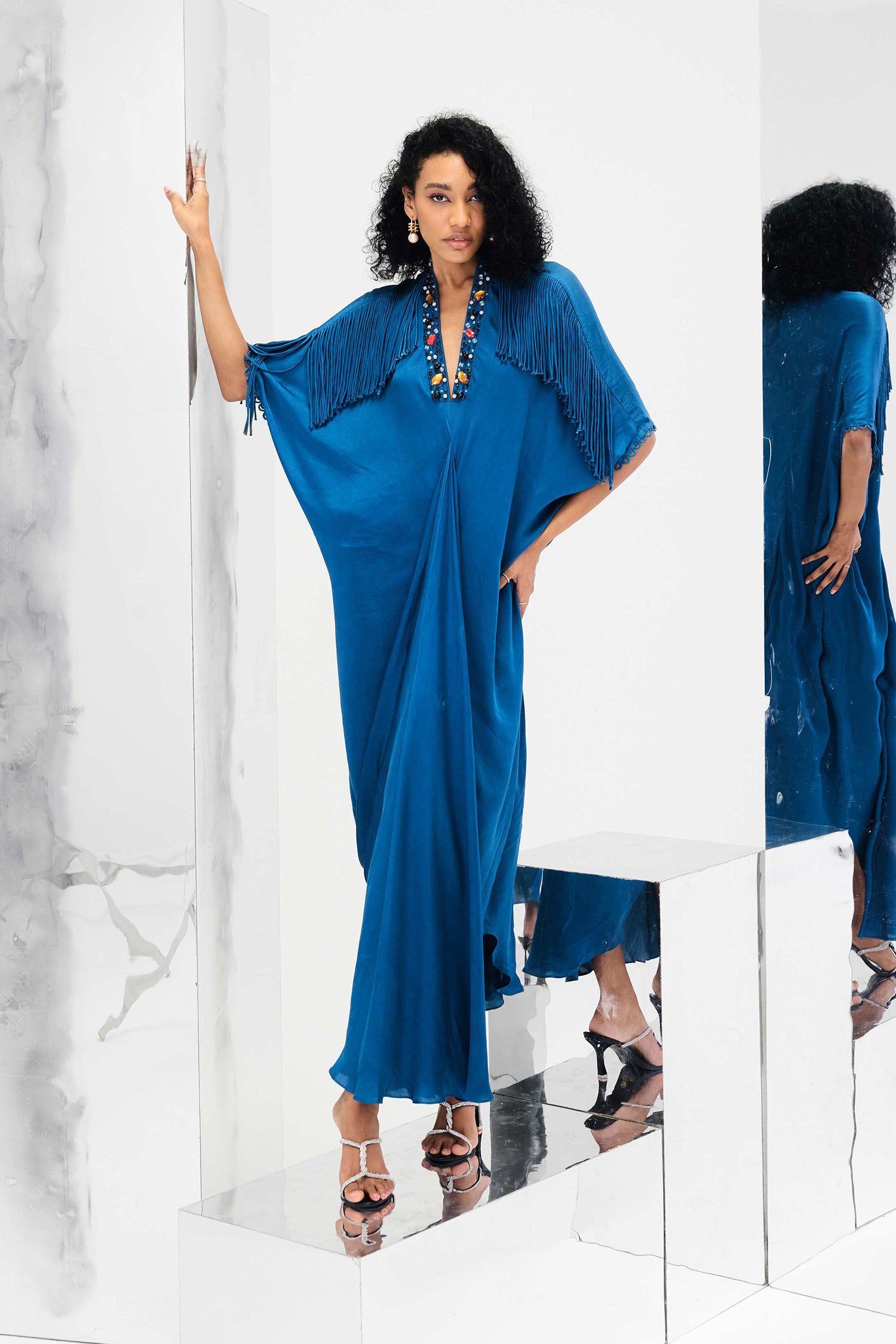 Indy Handcrafted Fringed & Embroidered Neck Draped Kaftan