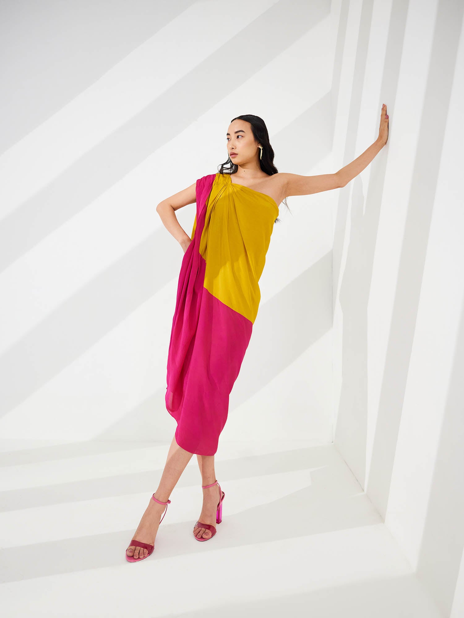Cosmo Color Blocked Draped One Shoulder Dress