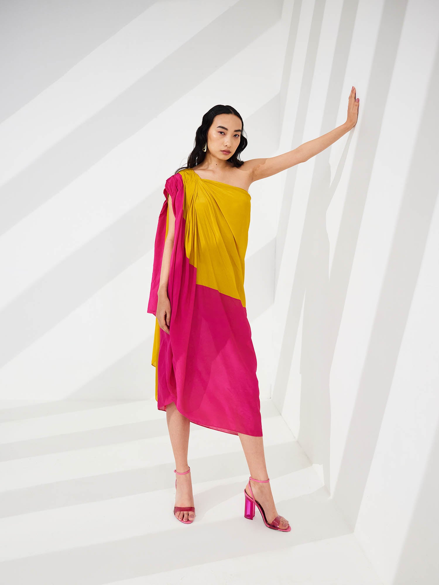 Cosmo Color Blocked Draped One Shoulder Dress
