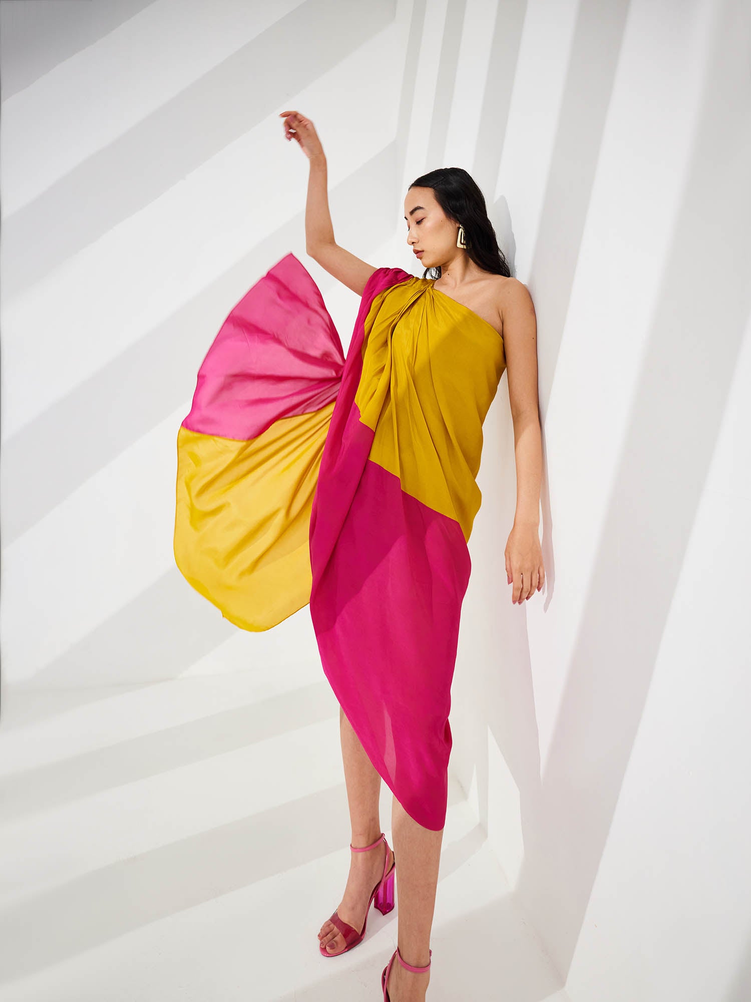 Cosmo Color Blocked Draped One Shoulder Dress
