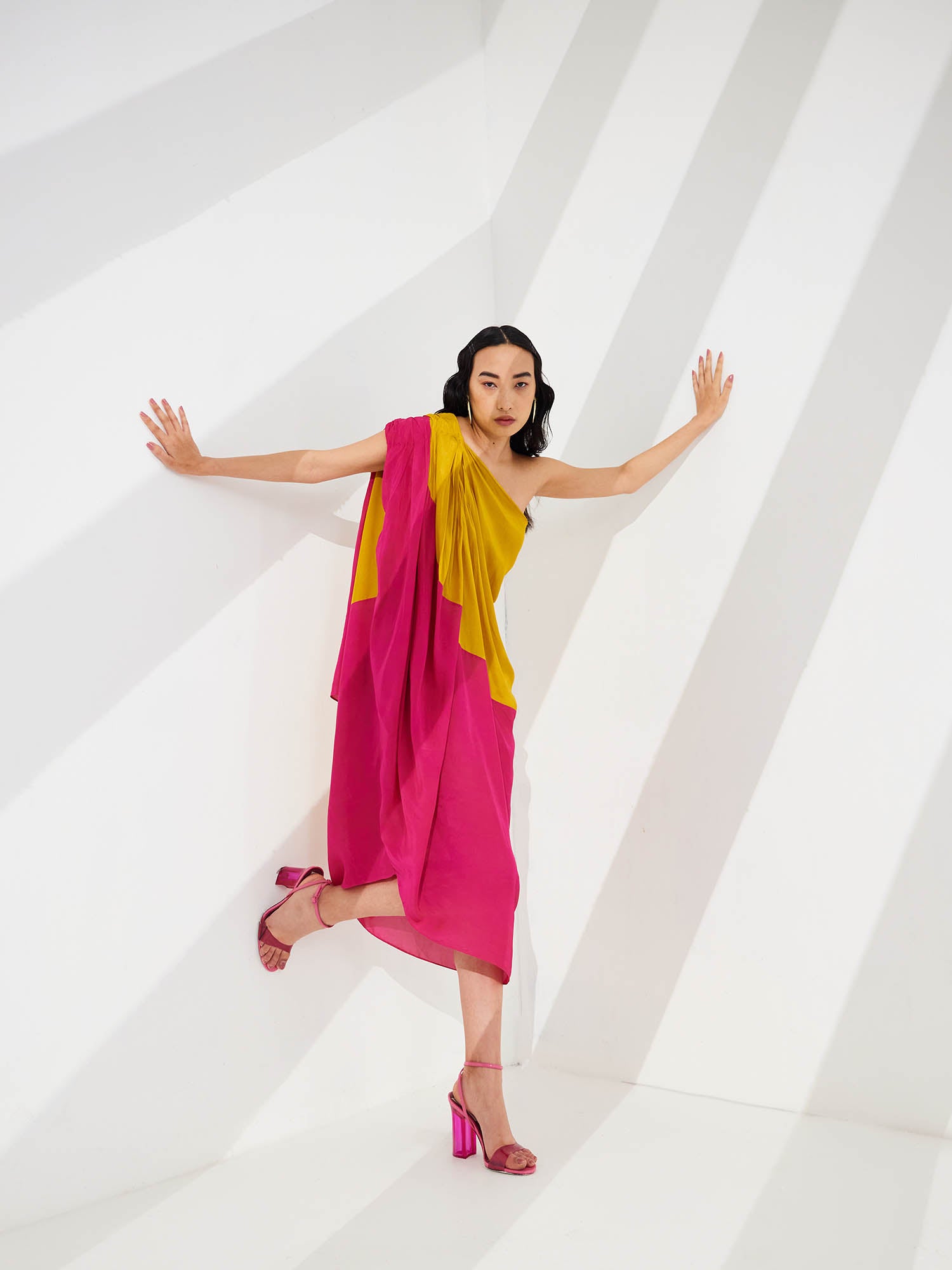 Cosmo Color Blocked Draped One Shoulder Dress