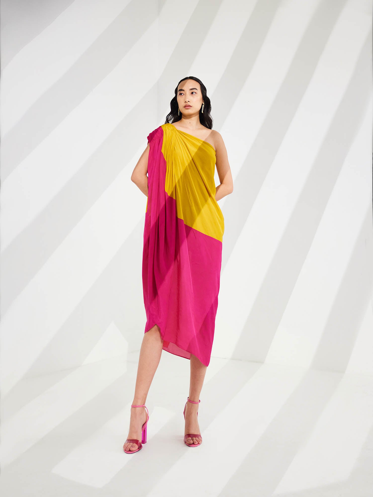 Cosmo Color Blocked Draped One Shoulder Dress