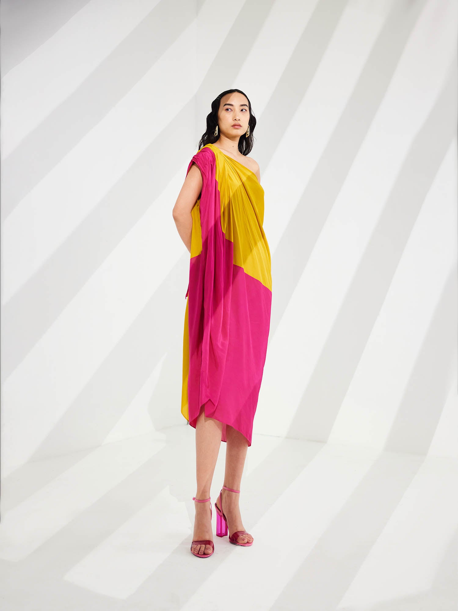 Cosmo Color Blocked Draped One Shoulder Dress