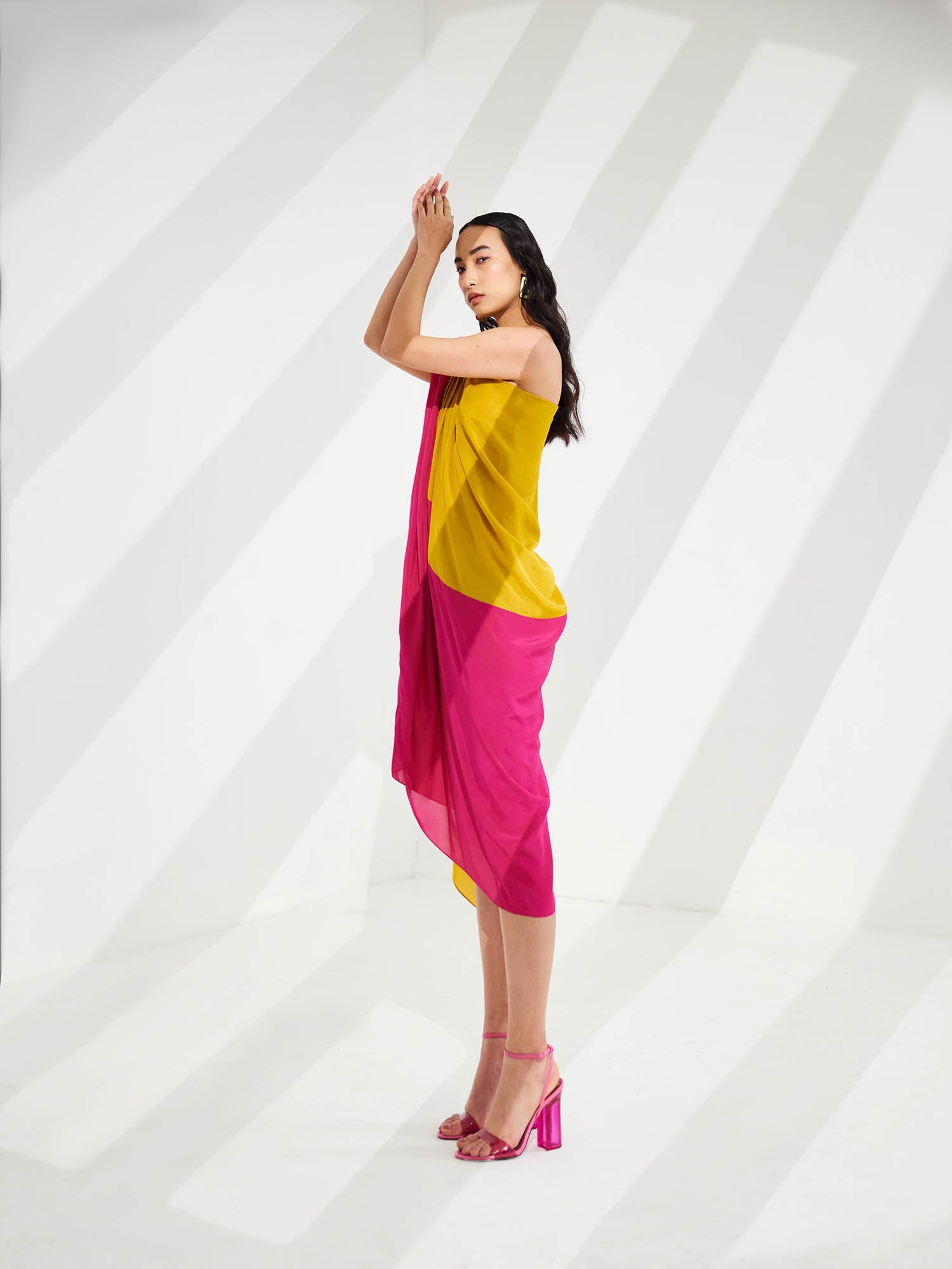 Cosmo Color Blocked Draped One Shoulder Dress