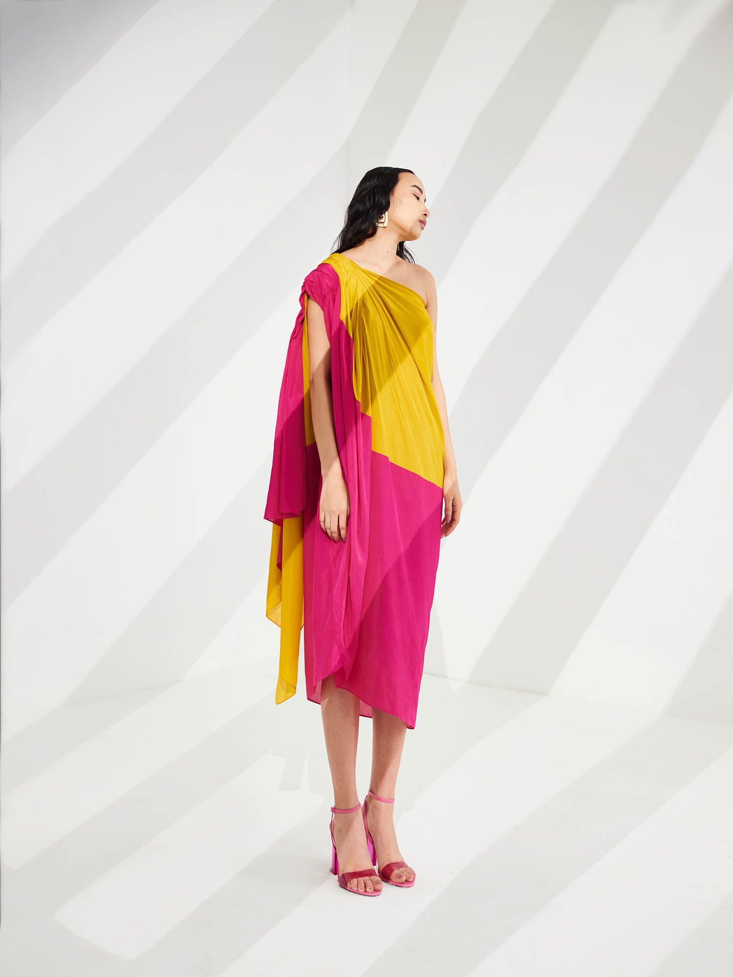 Cosmo Color Blocked Draped One Shoulder Dress