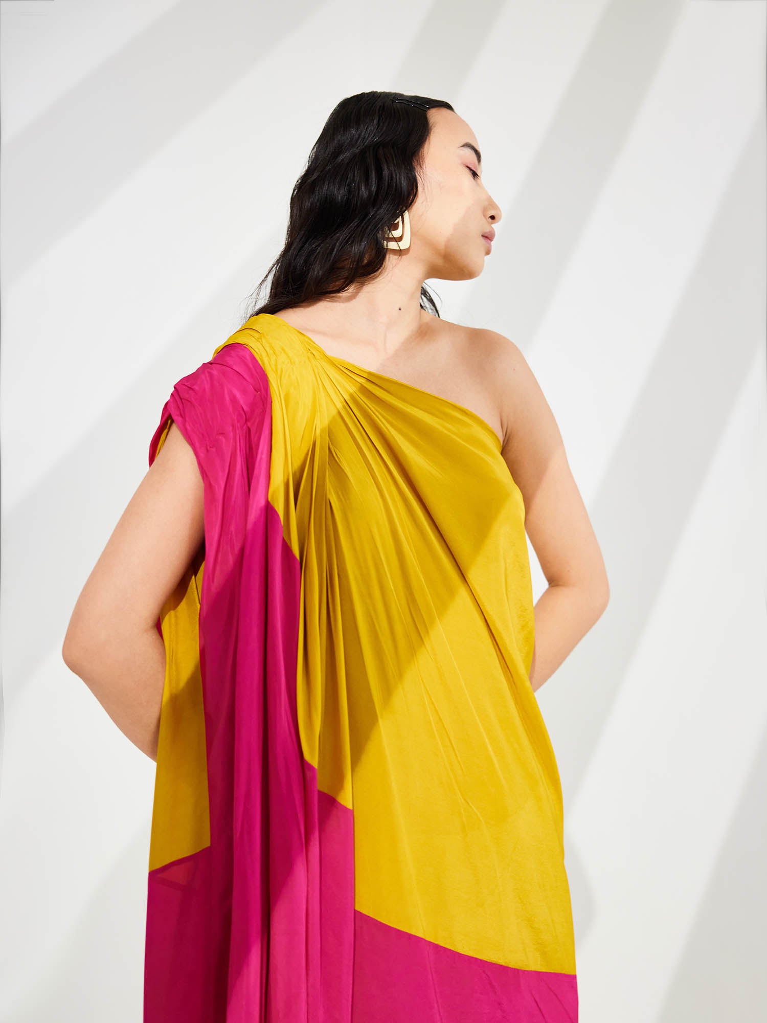 Cosmo Color Blocked Draped One Shoulder Dress