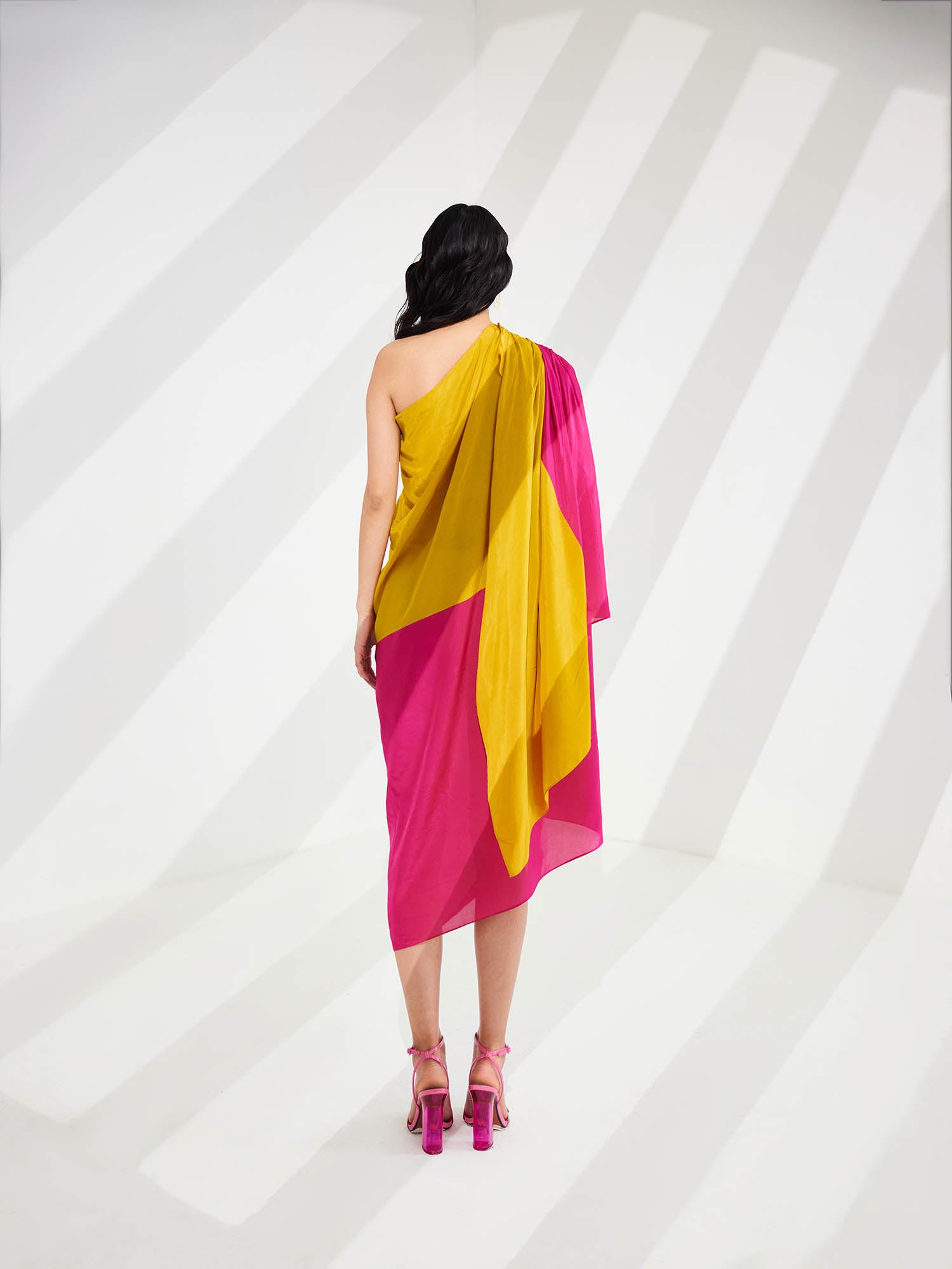 Cosmo Color Blocked Draped One Shoulder Dress