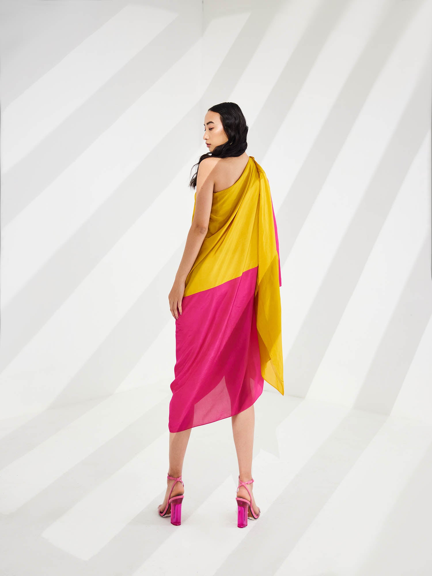 Cosmo Color Blocked Draped One Shoulder Dress