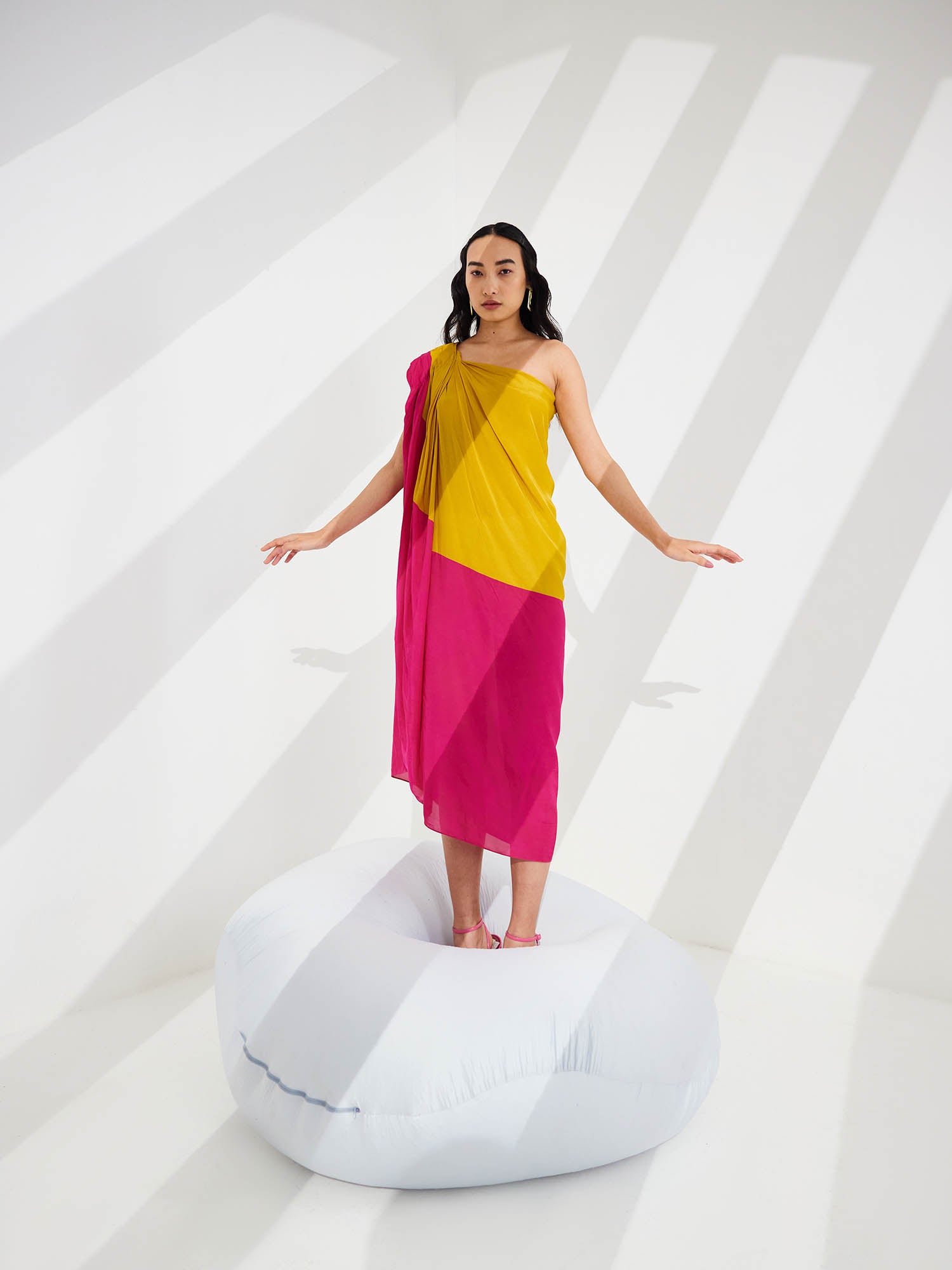 Cosmo Color Blocked Draped One Shoulder Dress