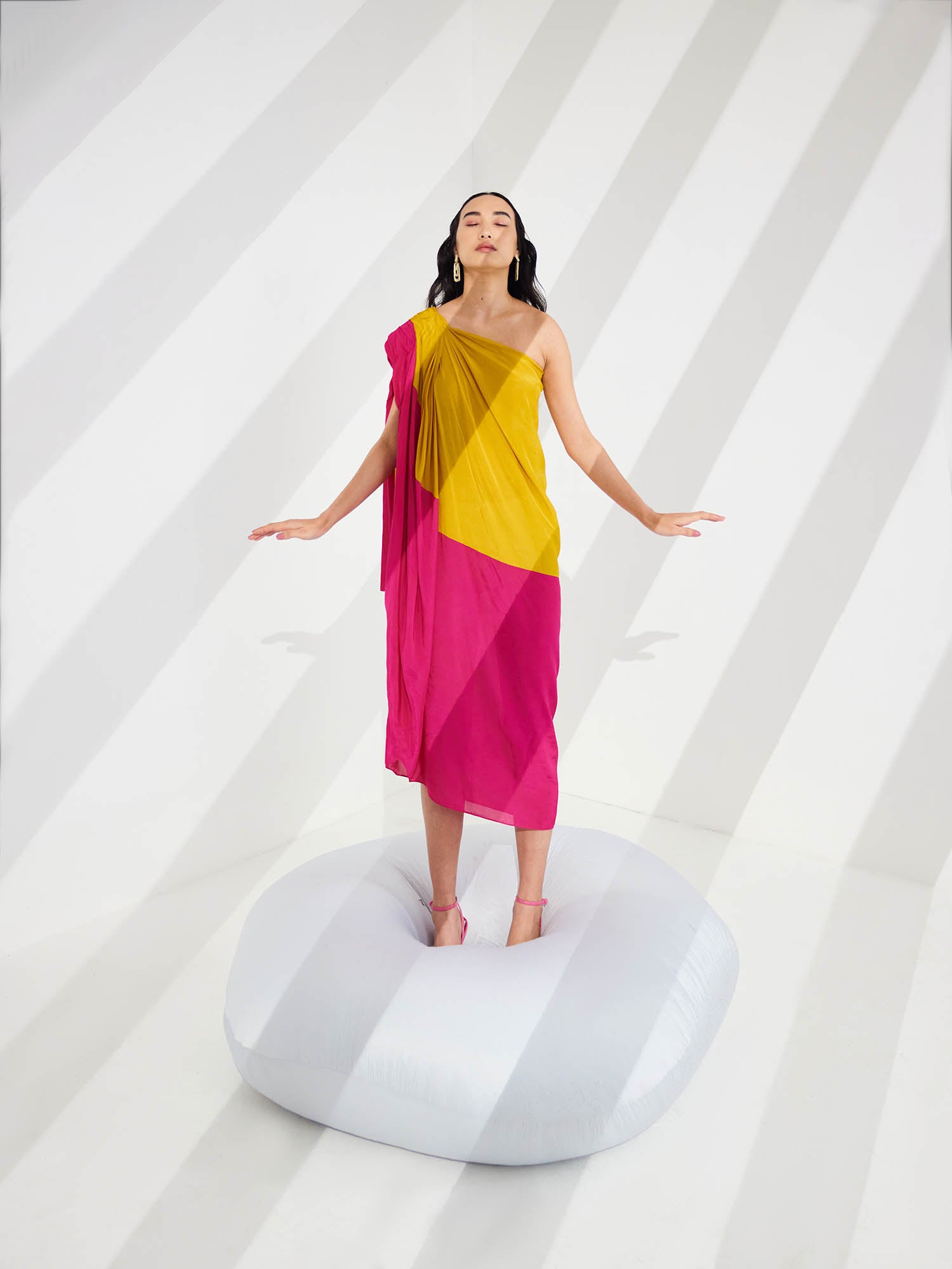 Cosmo Color Blocked Draped One Shoulder Dress