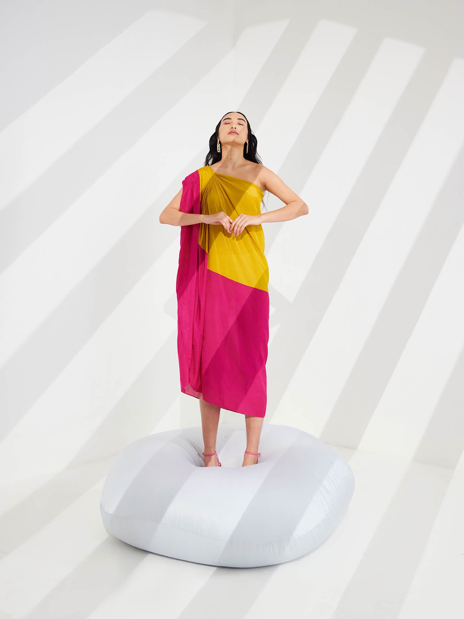 Cosmo Color Blocked Draped One Shoulder Dress