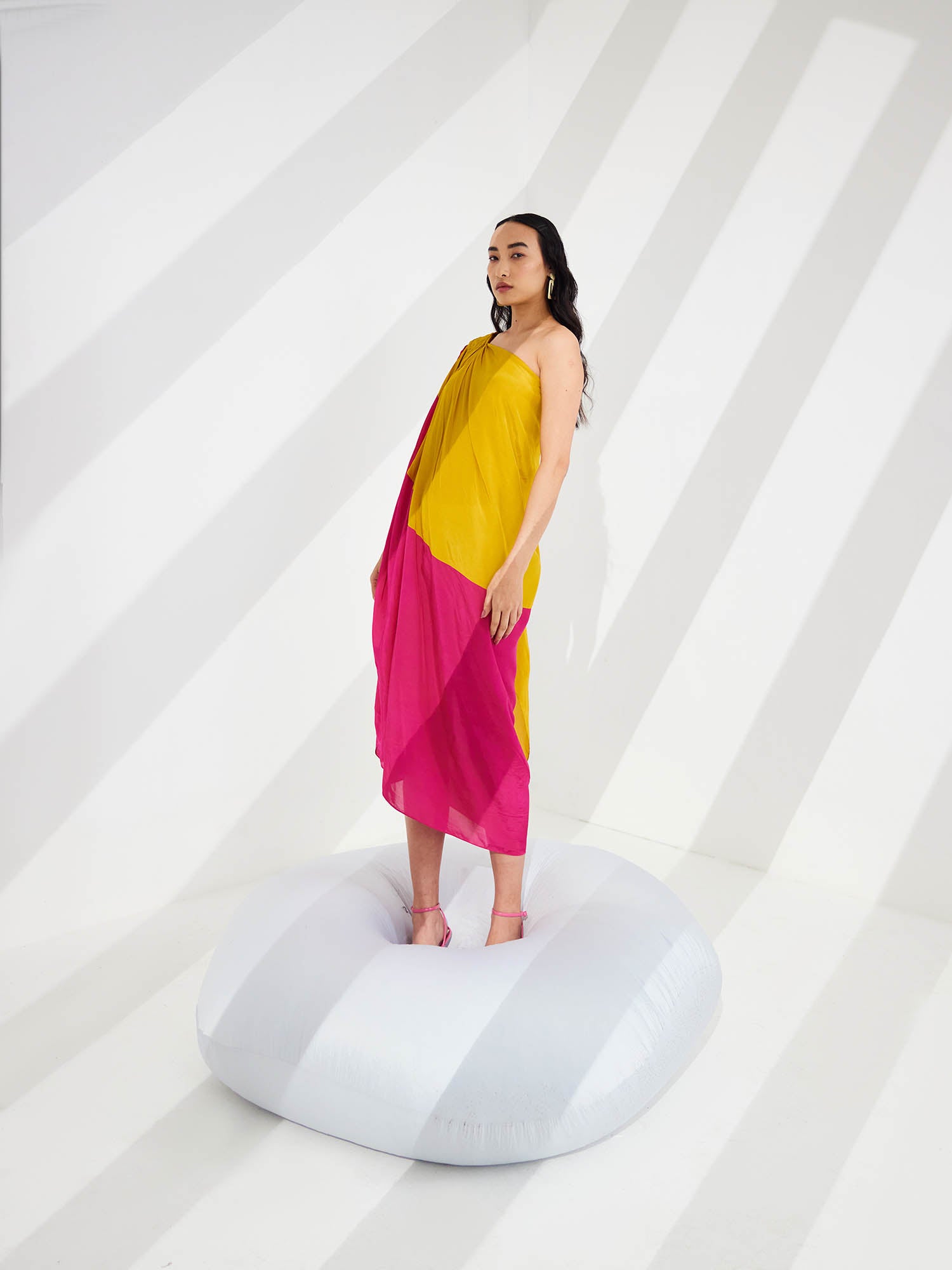 Cosmo Color Blocked Draped One Shoulder Dress
