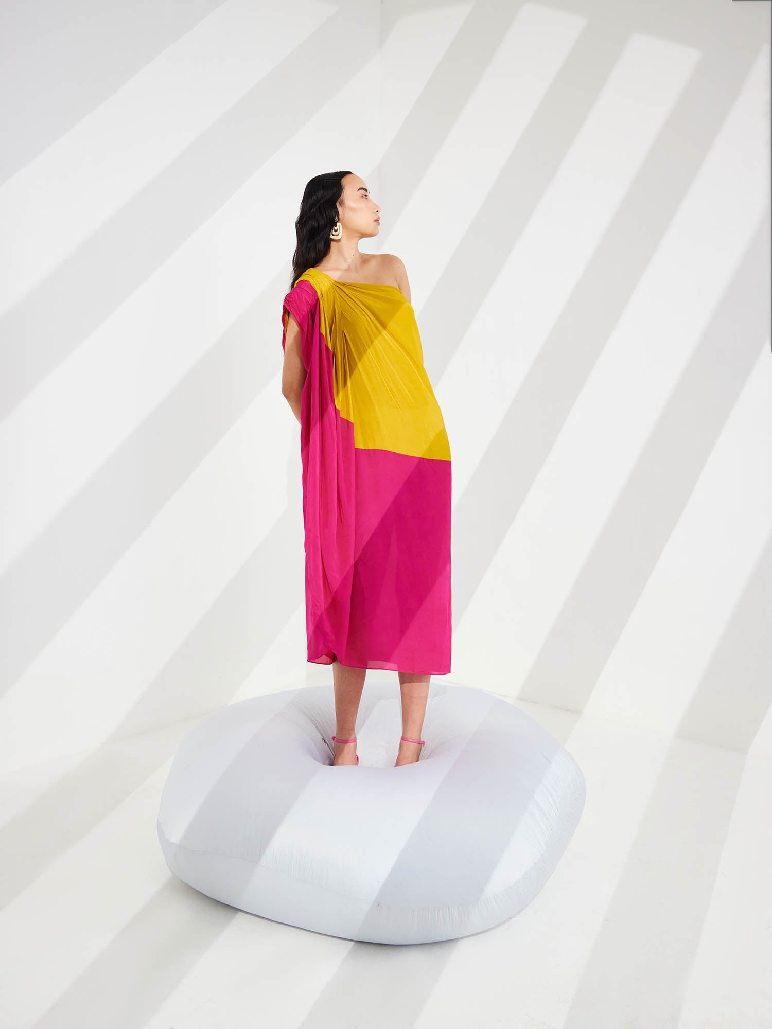 Cosmo Color Blocked Draped One Shoulder Dress