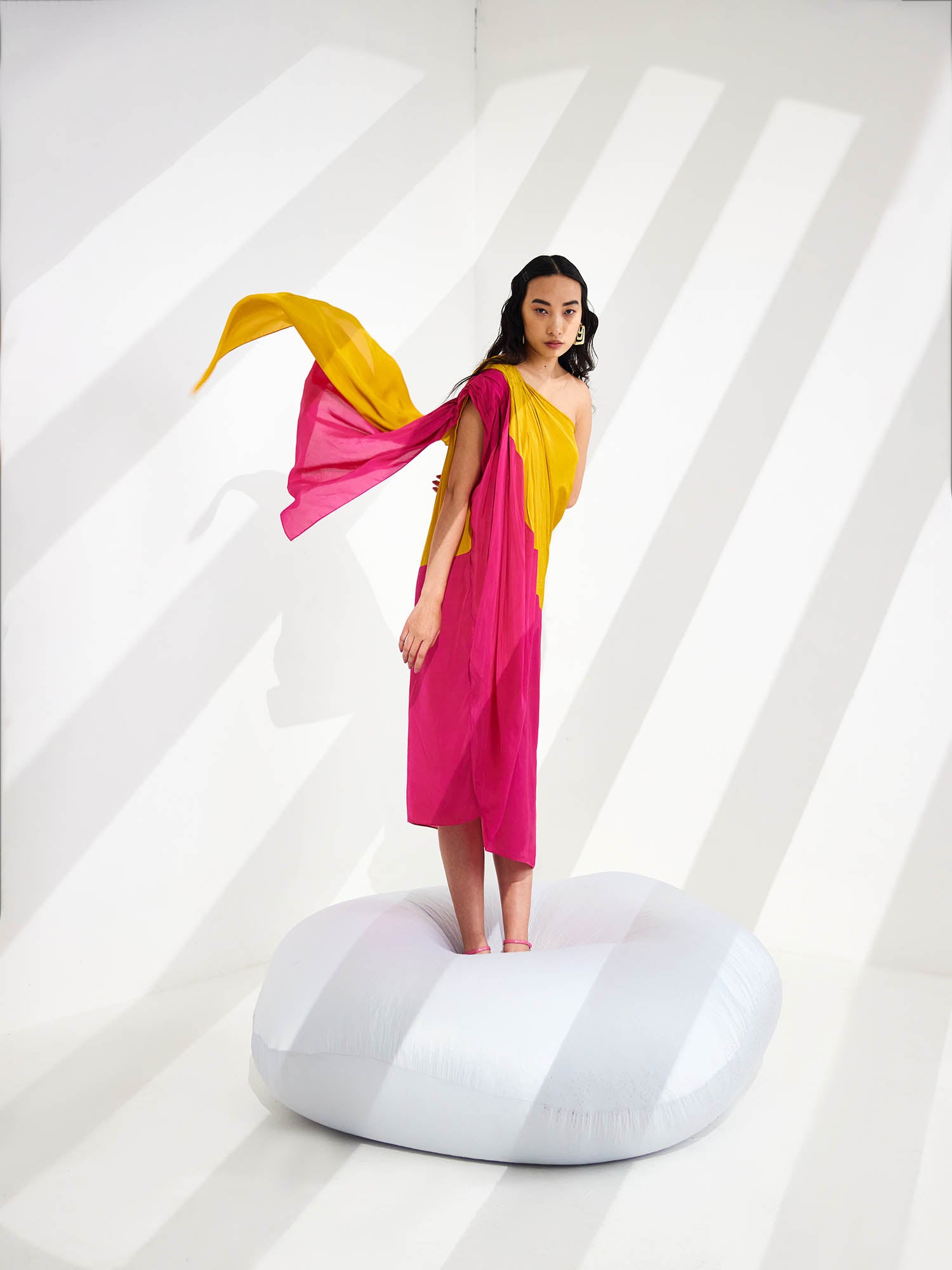 Cosmo Color Blocked Draped One Shoulder Dress