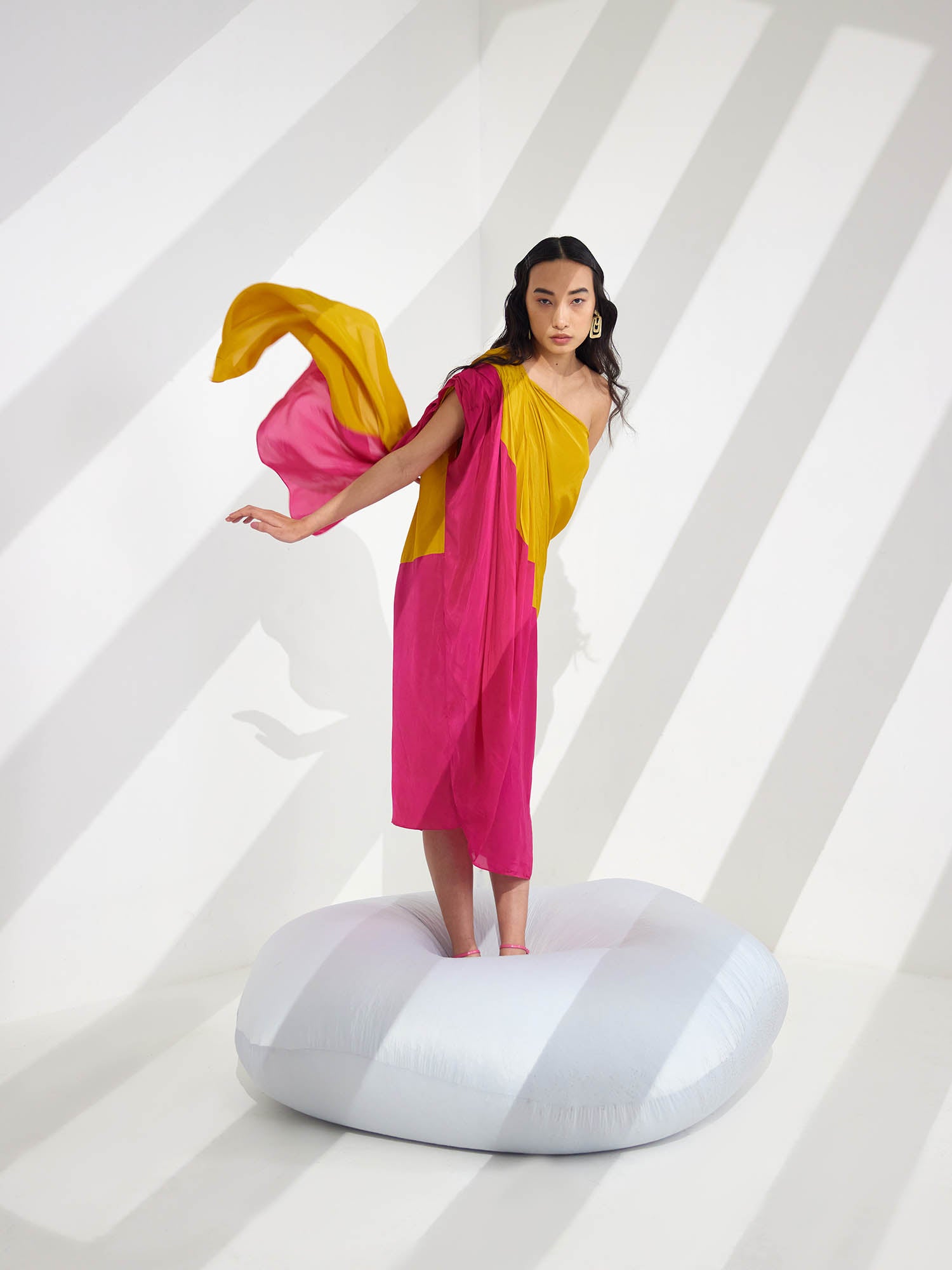 Cosmo Color Blocked Draped One Shoulder Dress