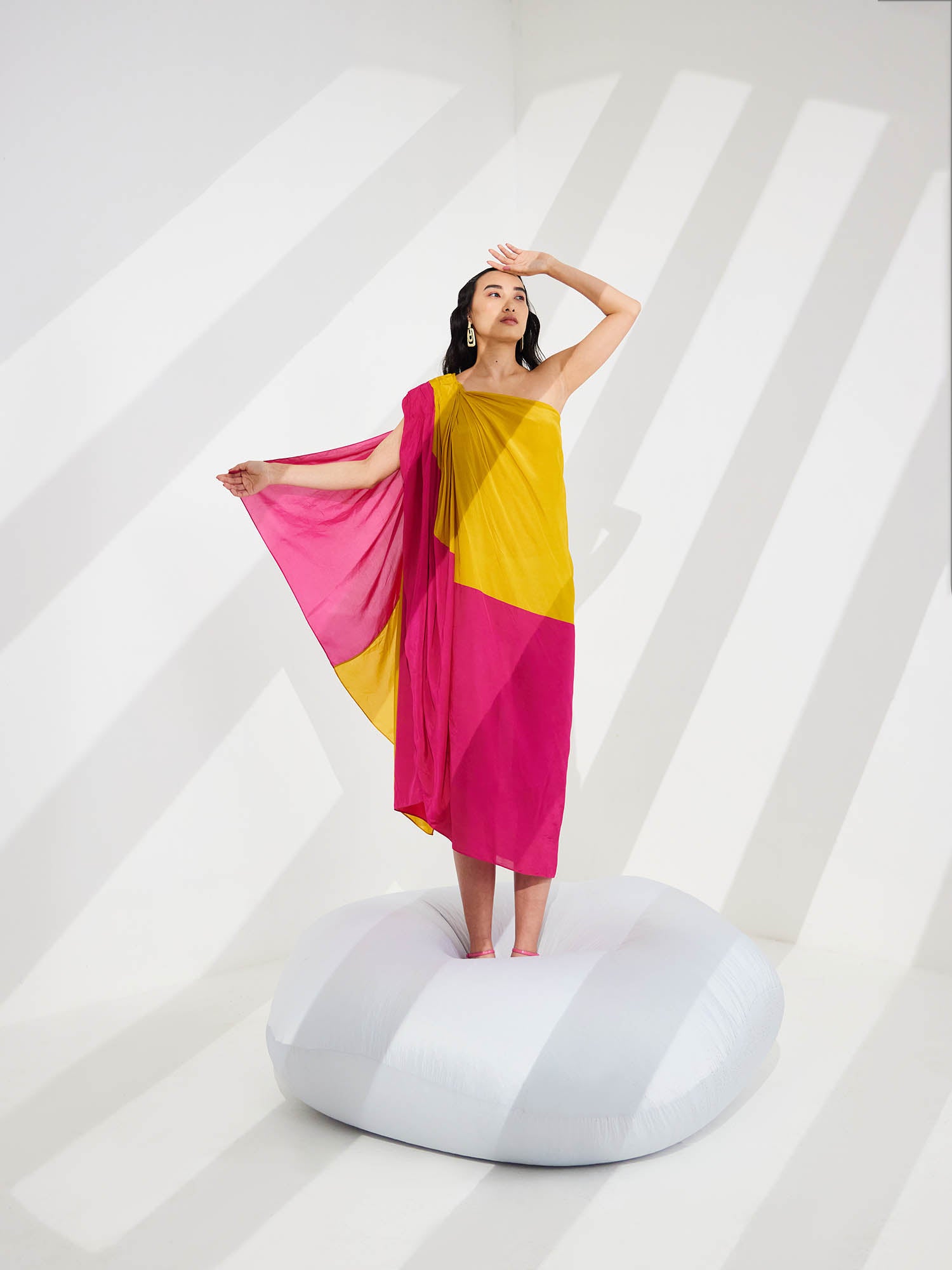 Cosmo Color Blocked Draped One Shoulder Dress