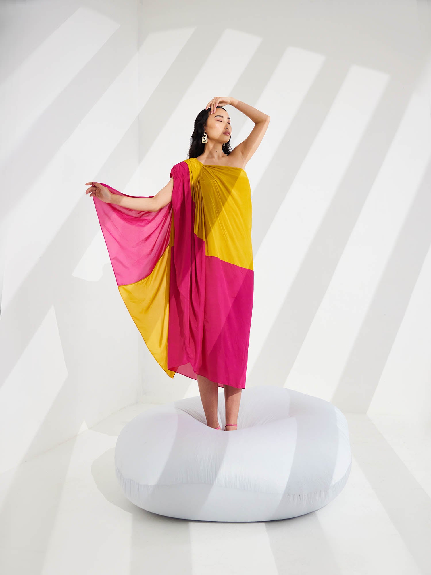 Cosmo Color Blocked Draped One Shoulder Dress