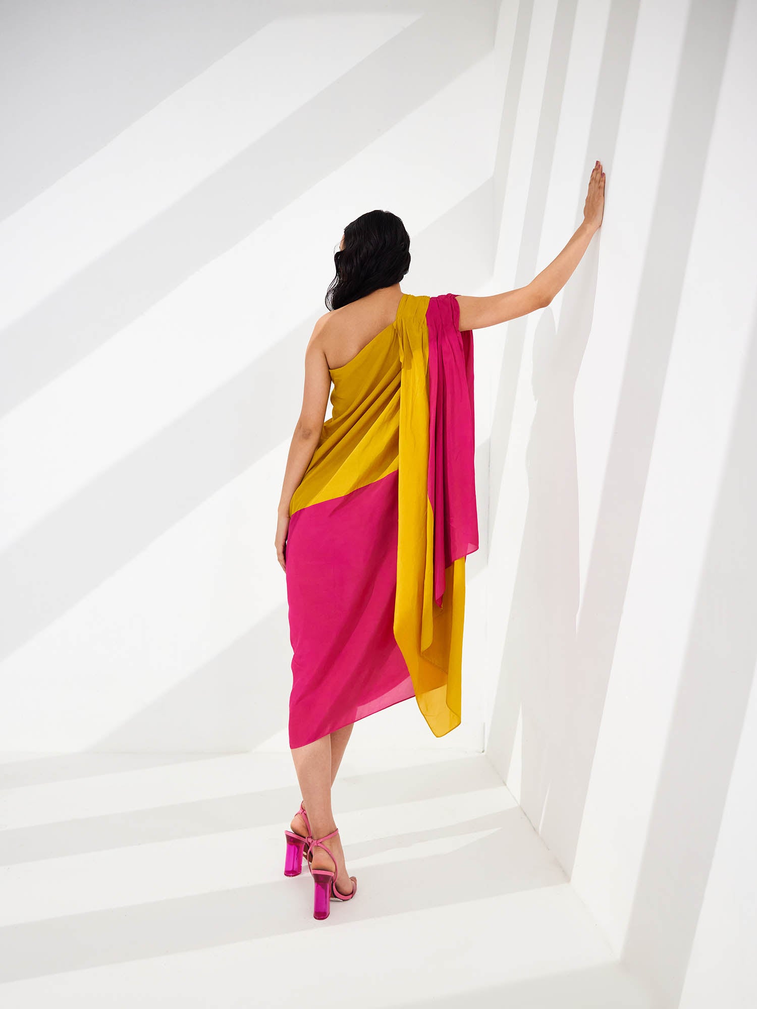 Cosmo Color Blocked Draped One Shoulder Dress