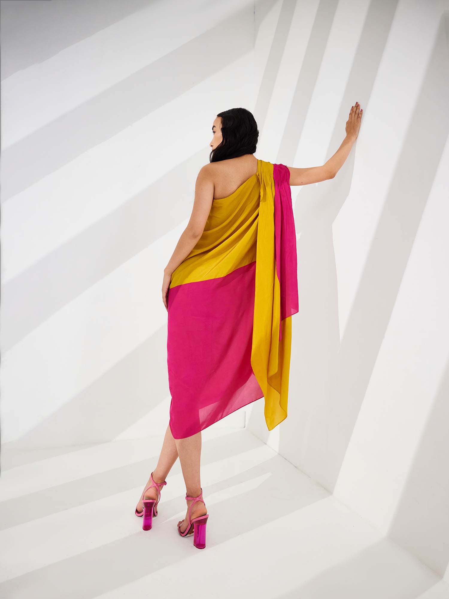 Cosmo Color Blocked Draped One Shoulder Dress