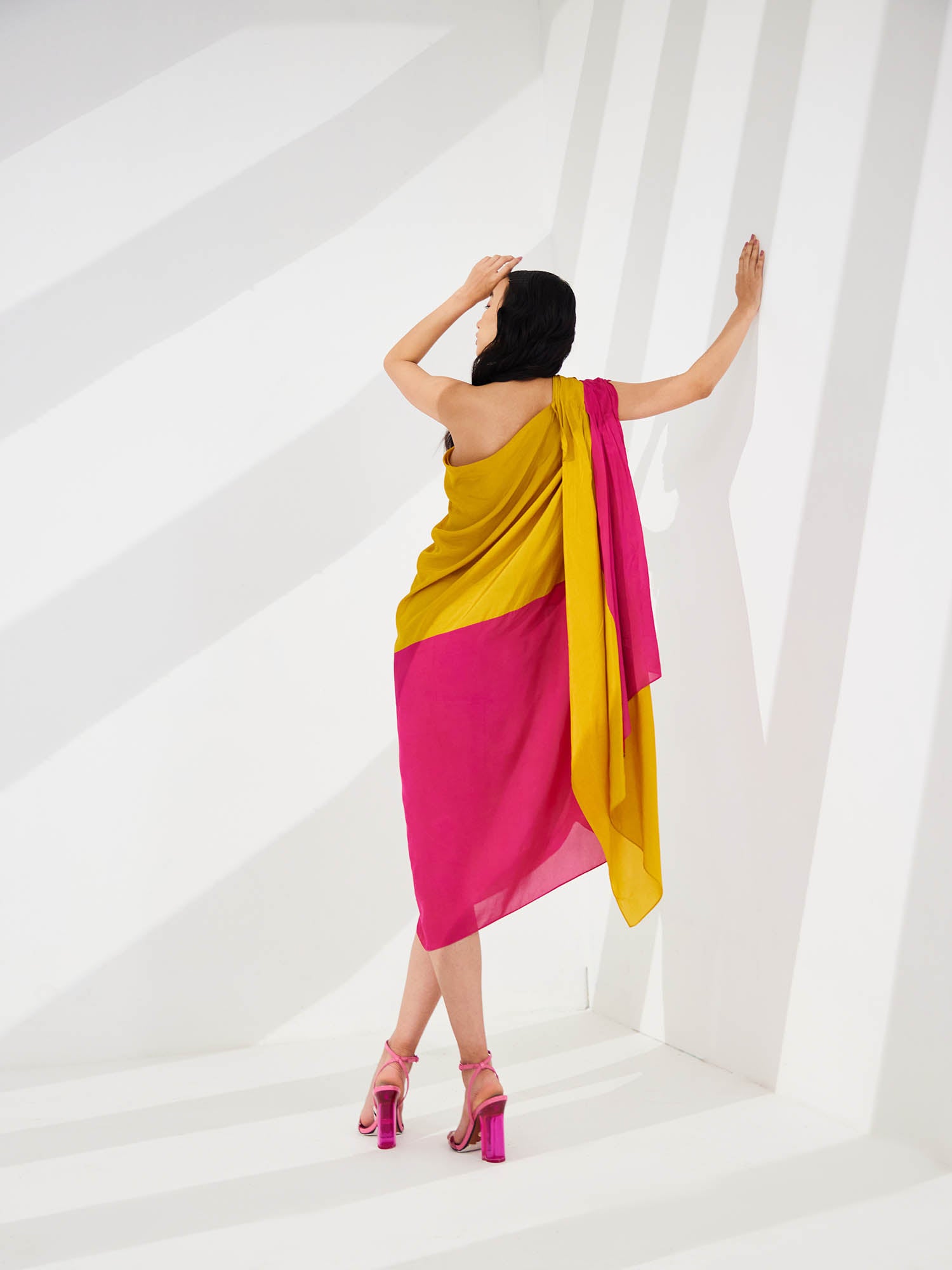 Cosmo Color Blocked Draped One Shoulder Dress
