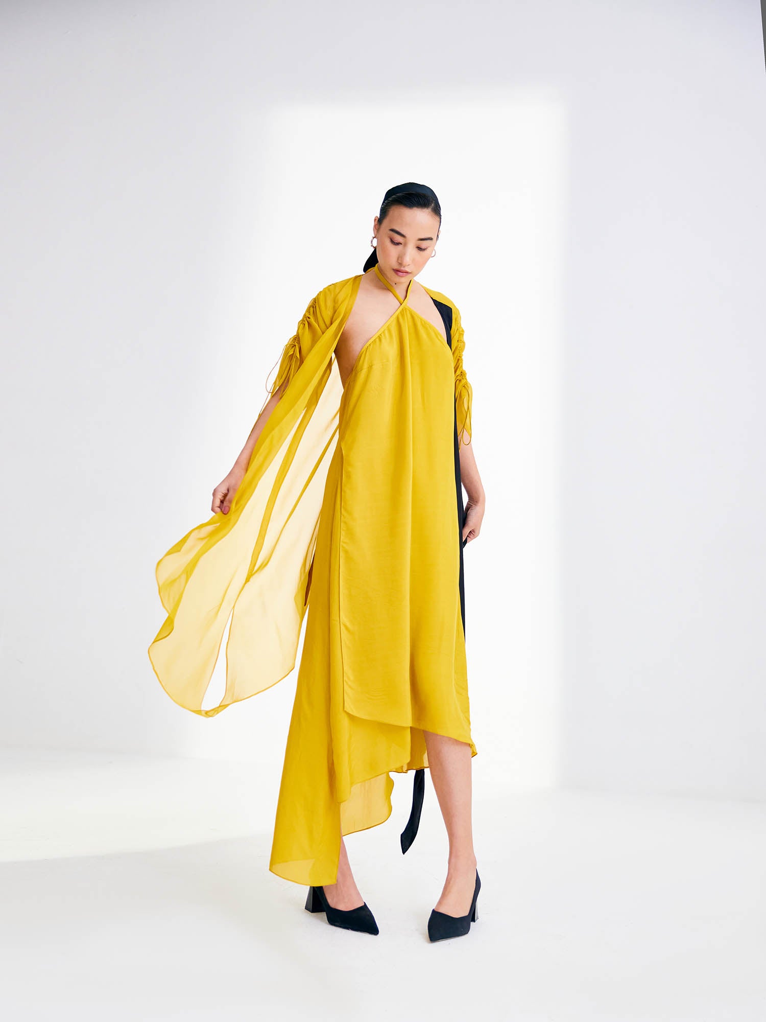 Sunflower Dress & Color Blocked Cape Set