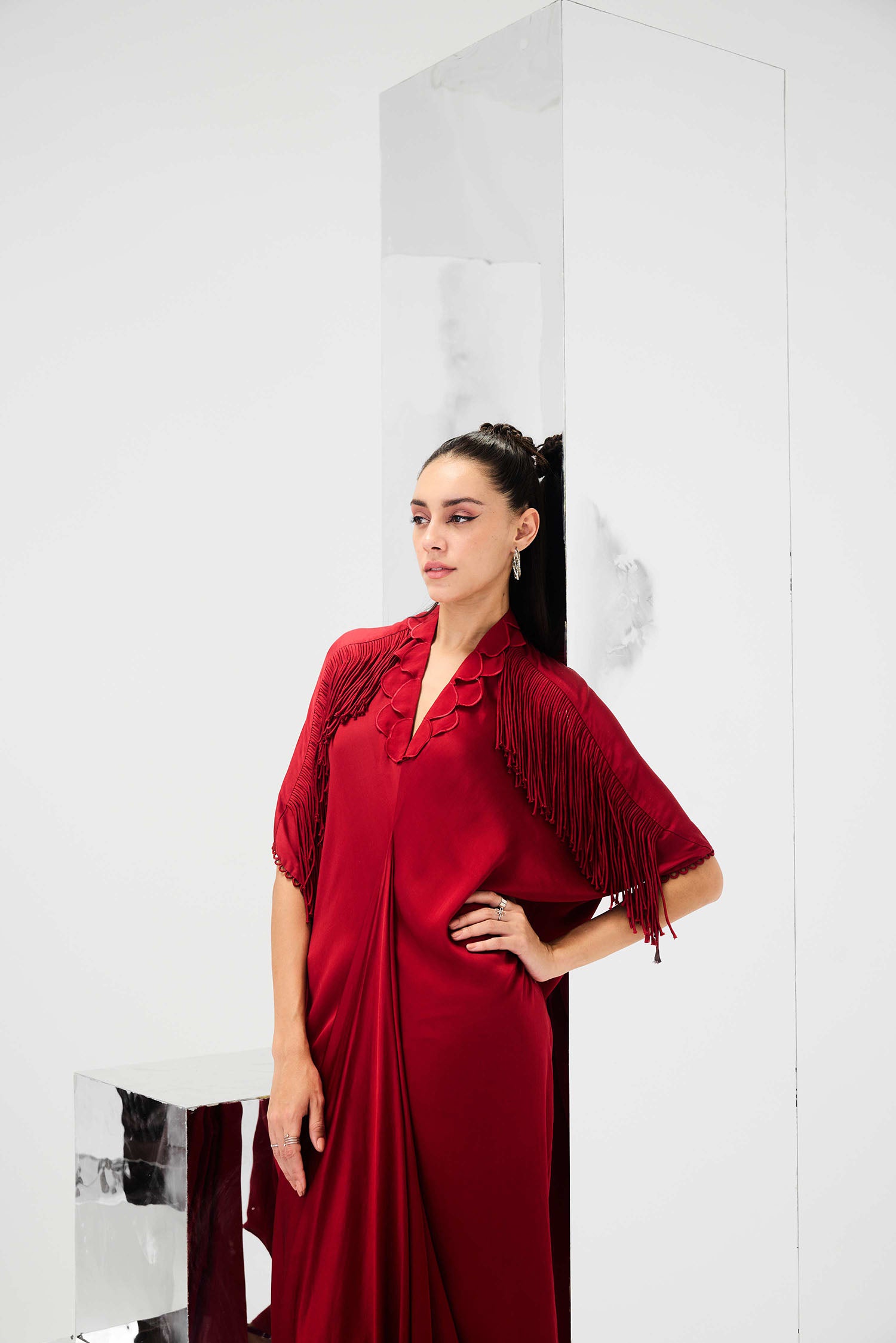 Indy Handcrafted Fringed & Scalloped Neck Draped Kaftan