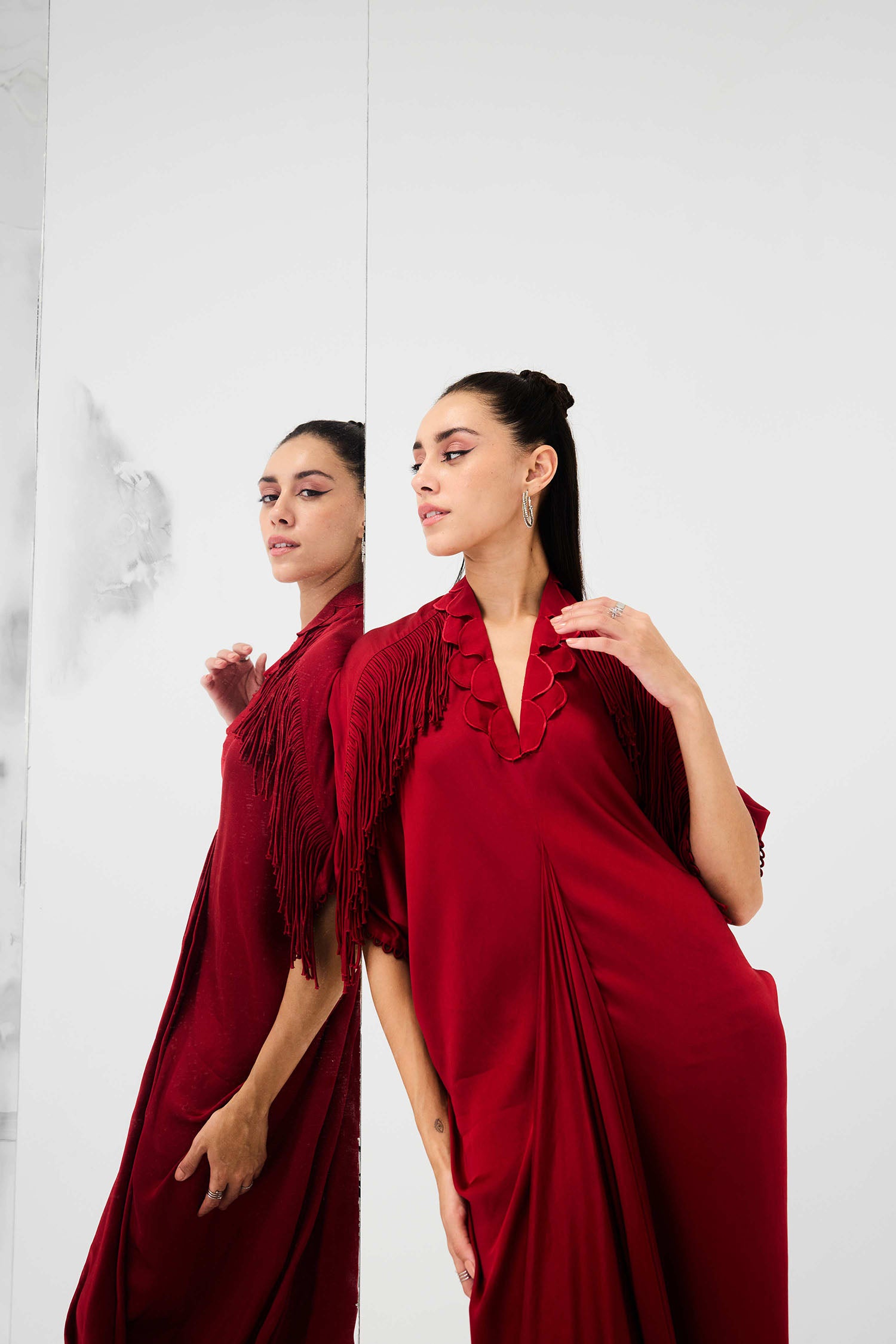 Indy Handcrafted Fringed & Scalloped Neck Draped Kaftan