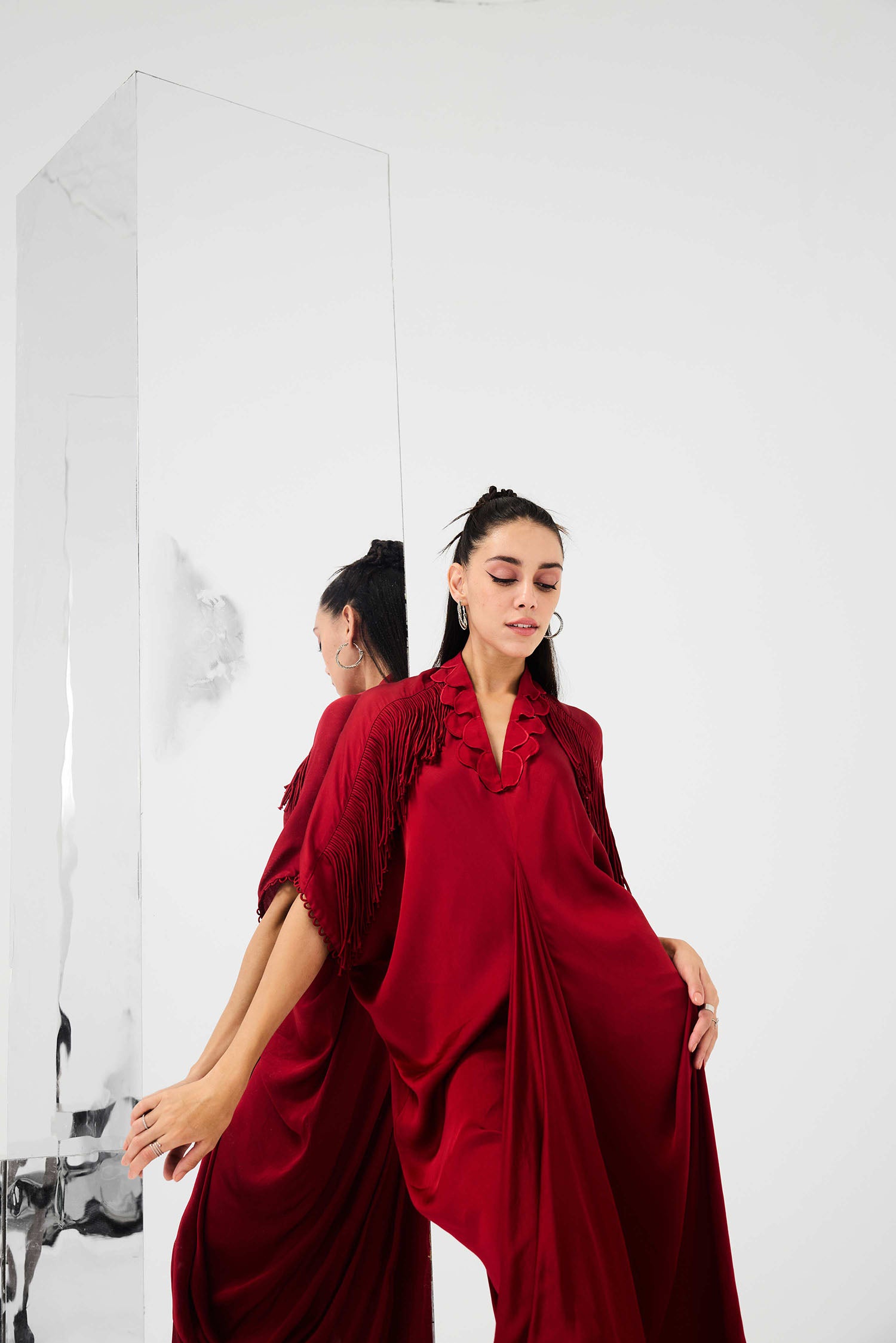 Indy Handcrafted Fringed & Scalloped Neck Draped Kaftan