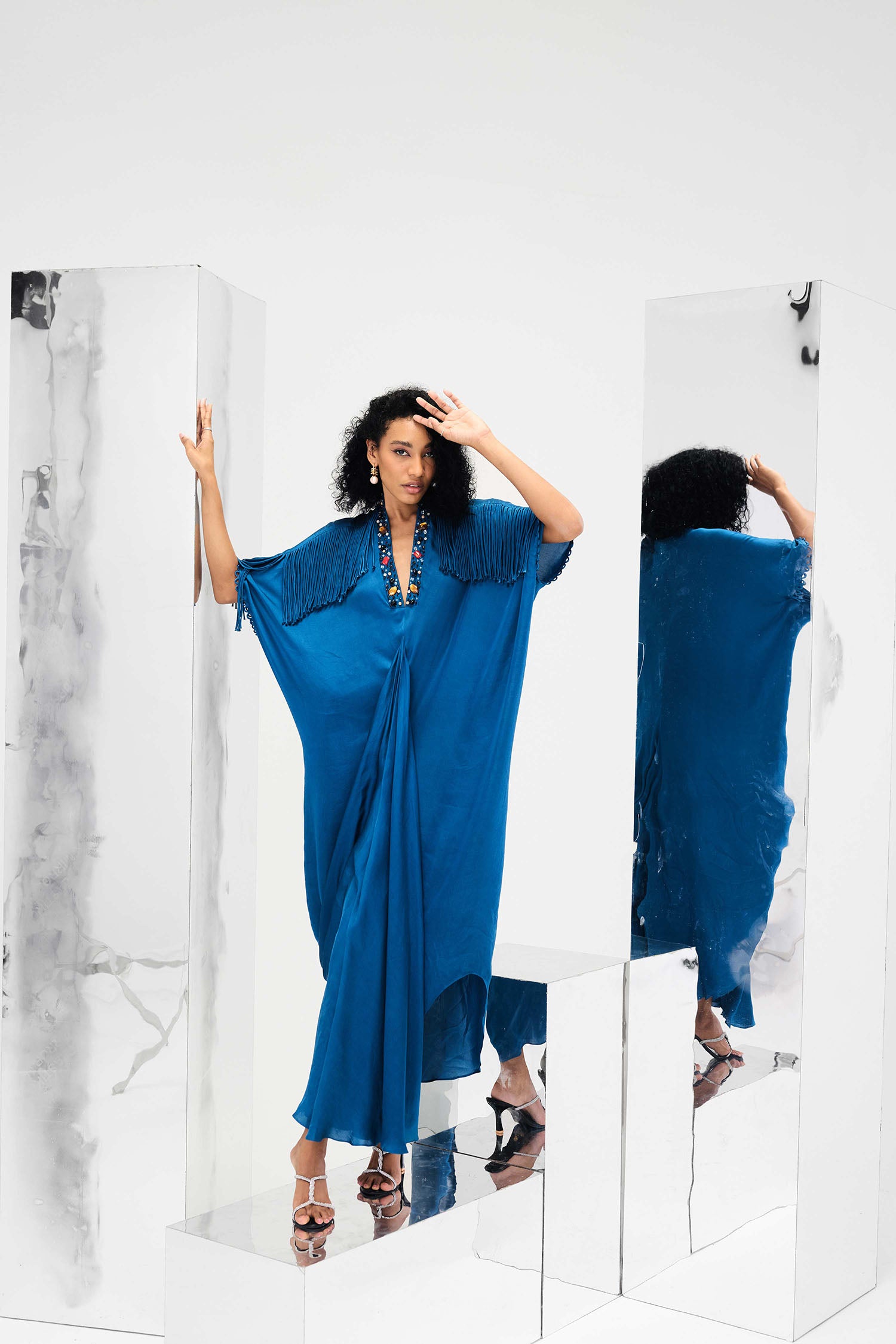 Indy Handcrafted Fringed & Embroidered Neck Draped Kaftan