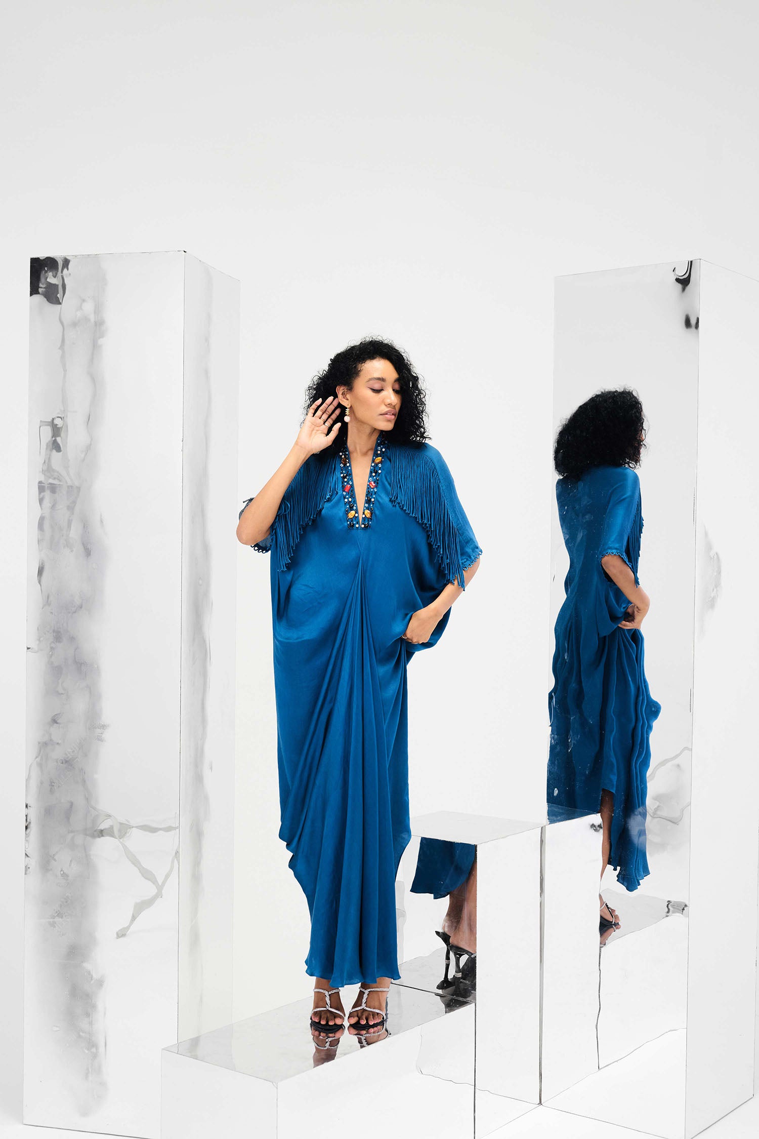 Indy Handcrafted Fringed & Embroidered Neck Draped Kaftan