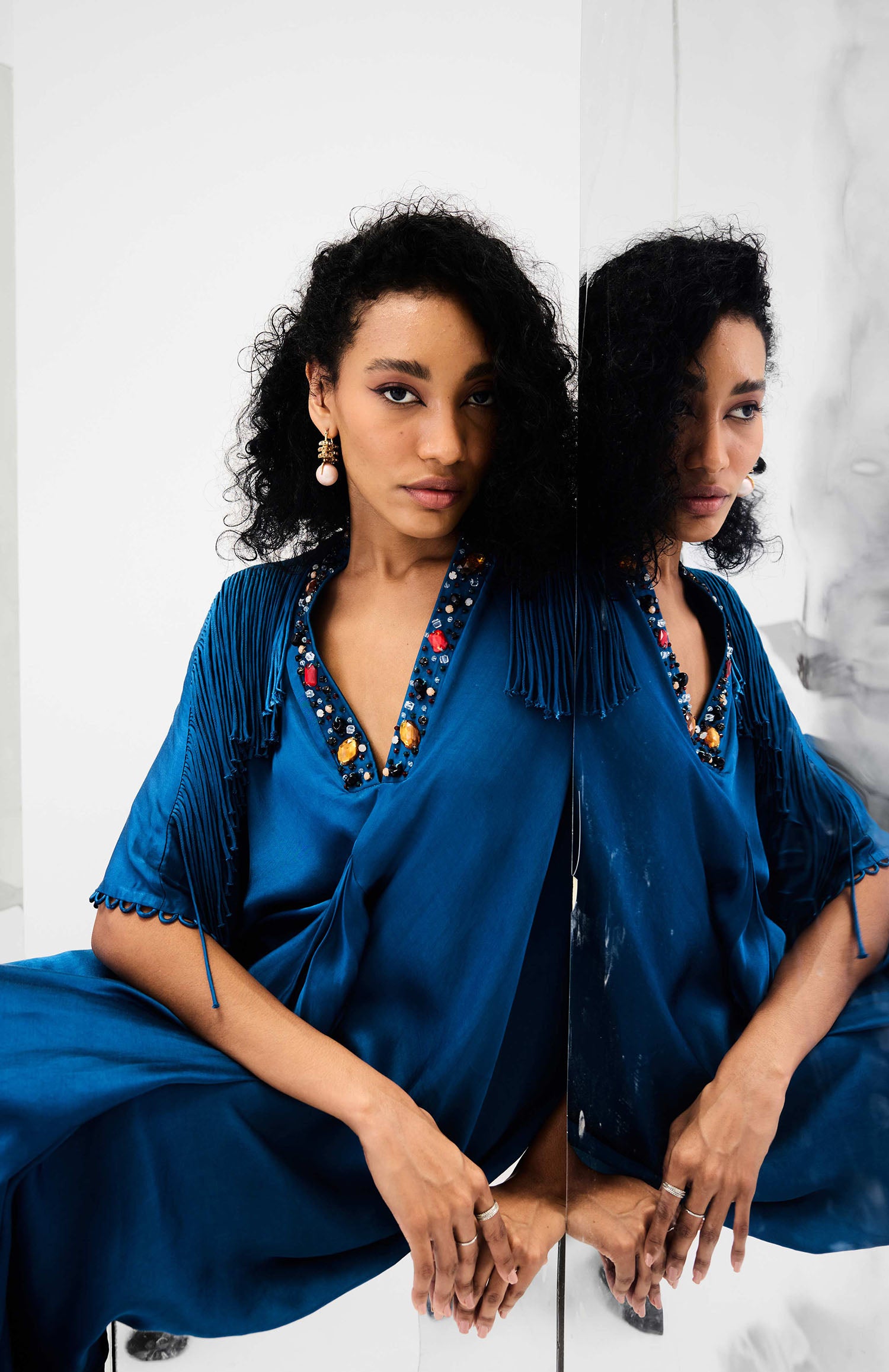 Indy Handcrafted Fringed & Embroidered Neck Draped Kaftan