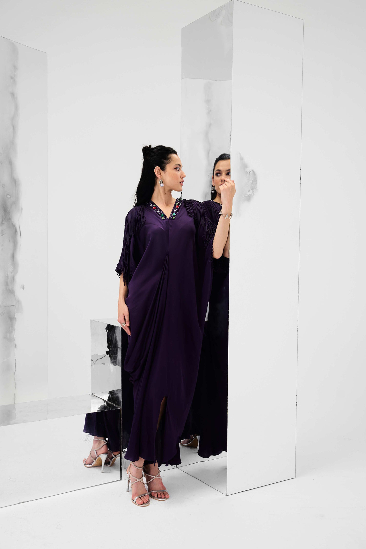 Indy Handcrafted Fringed & Embroidered Neck Draped Kaftan