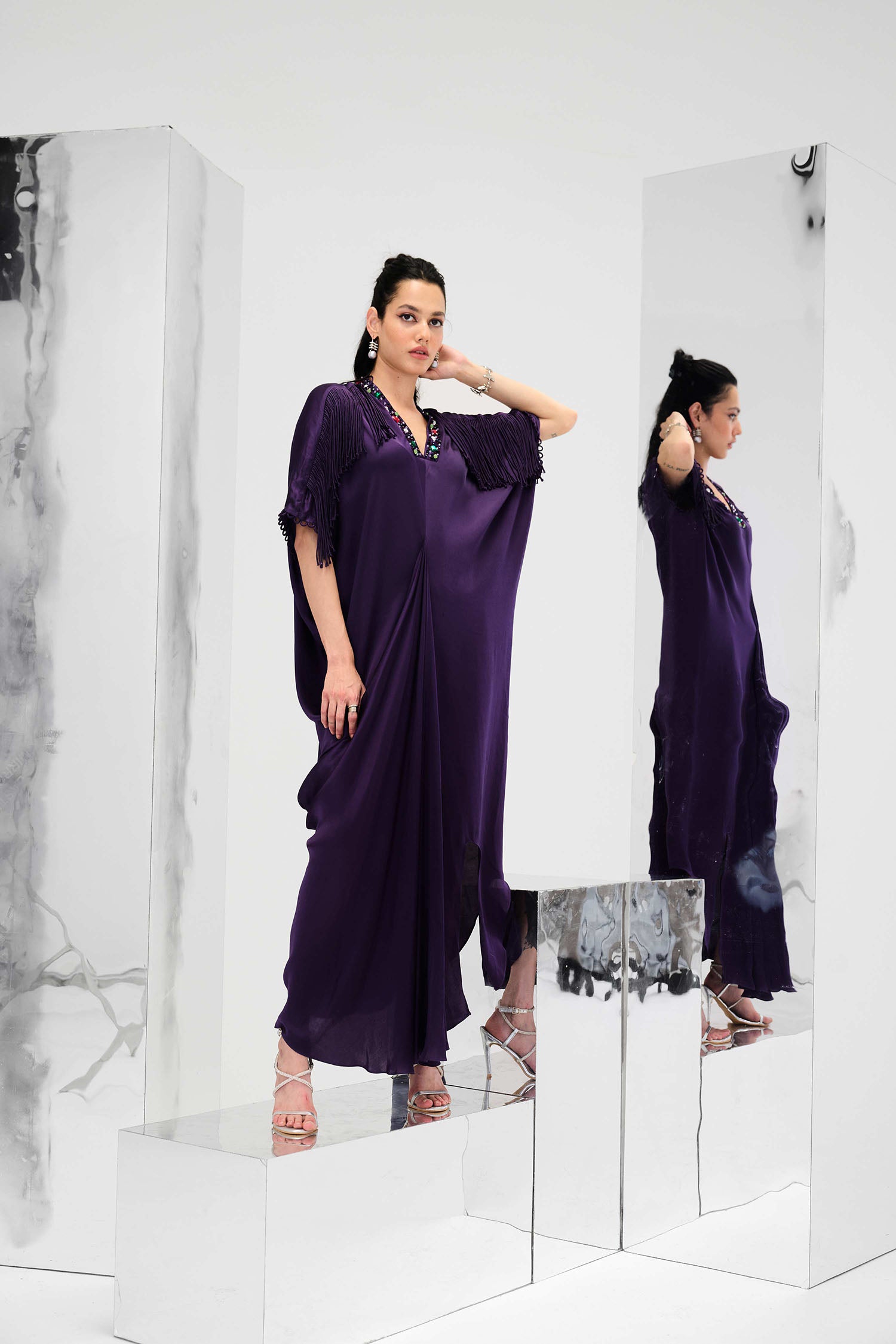 Indy Handcrafted Fringed & Embroidered Neck Draped Kaftan