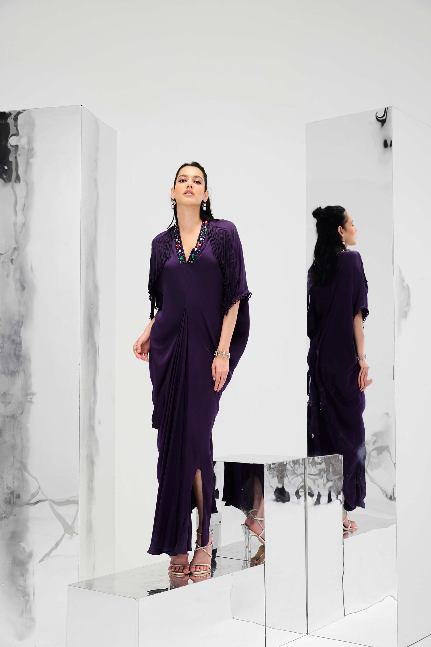 Indy Handcrafted Fringed & Embroidered Neck Draped Kaftan