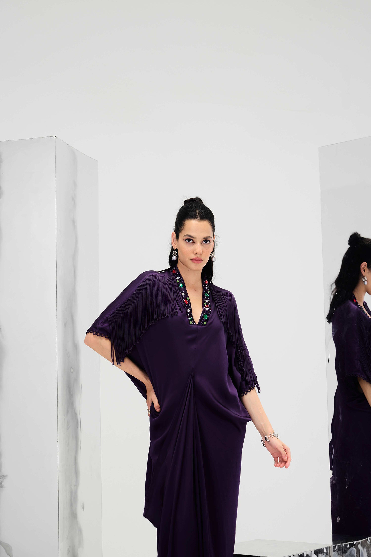 Indy Handcrafted Fringed & Embroidered Neck Draped Kaftan