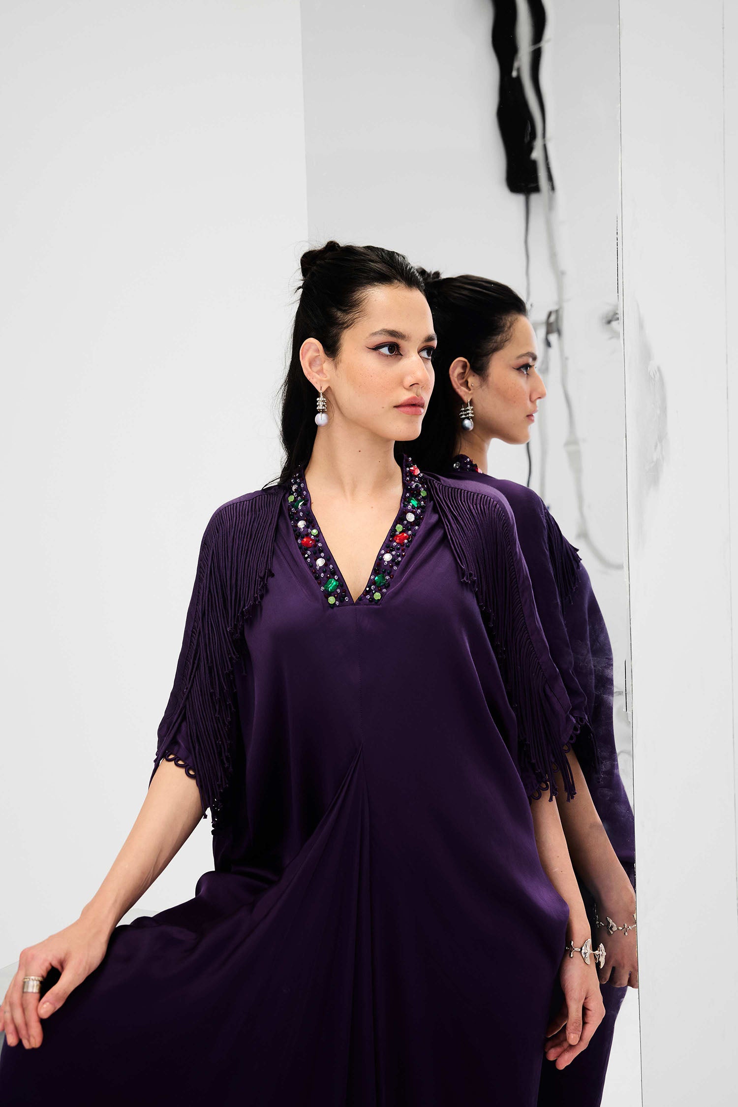 Indy Handcrafted Fringed & Embroidered Neck Draped Kaftan